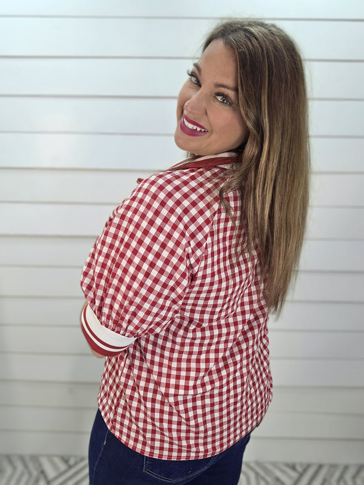 RED GIGHAM HALF ZIP WOVENT TOP