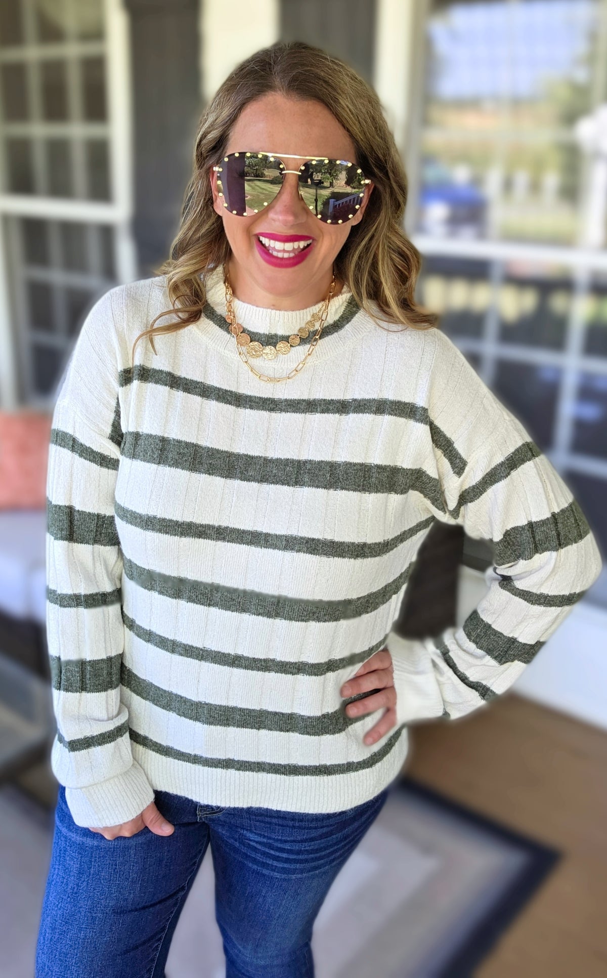 CREAM/DK SAGE STRIPED MOCK NECK PULLOVER SWEATER