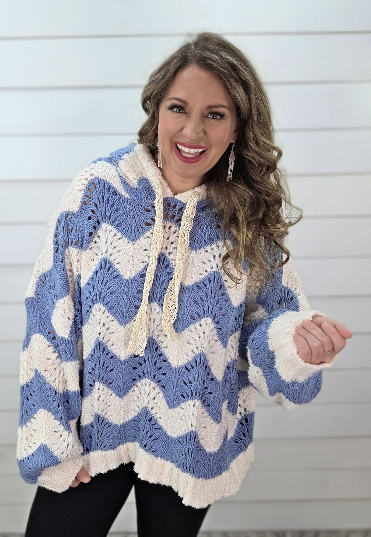 POL IVORY/BLUE OPEN KNIT OVERSIZED SWEATER