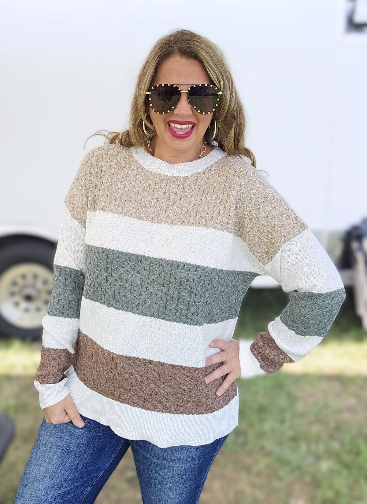 OLIVE/MOCHA TEXTURED COLORBLOCK KNIT SOFT SWEATER
