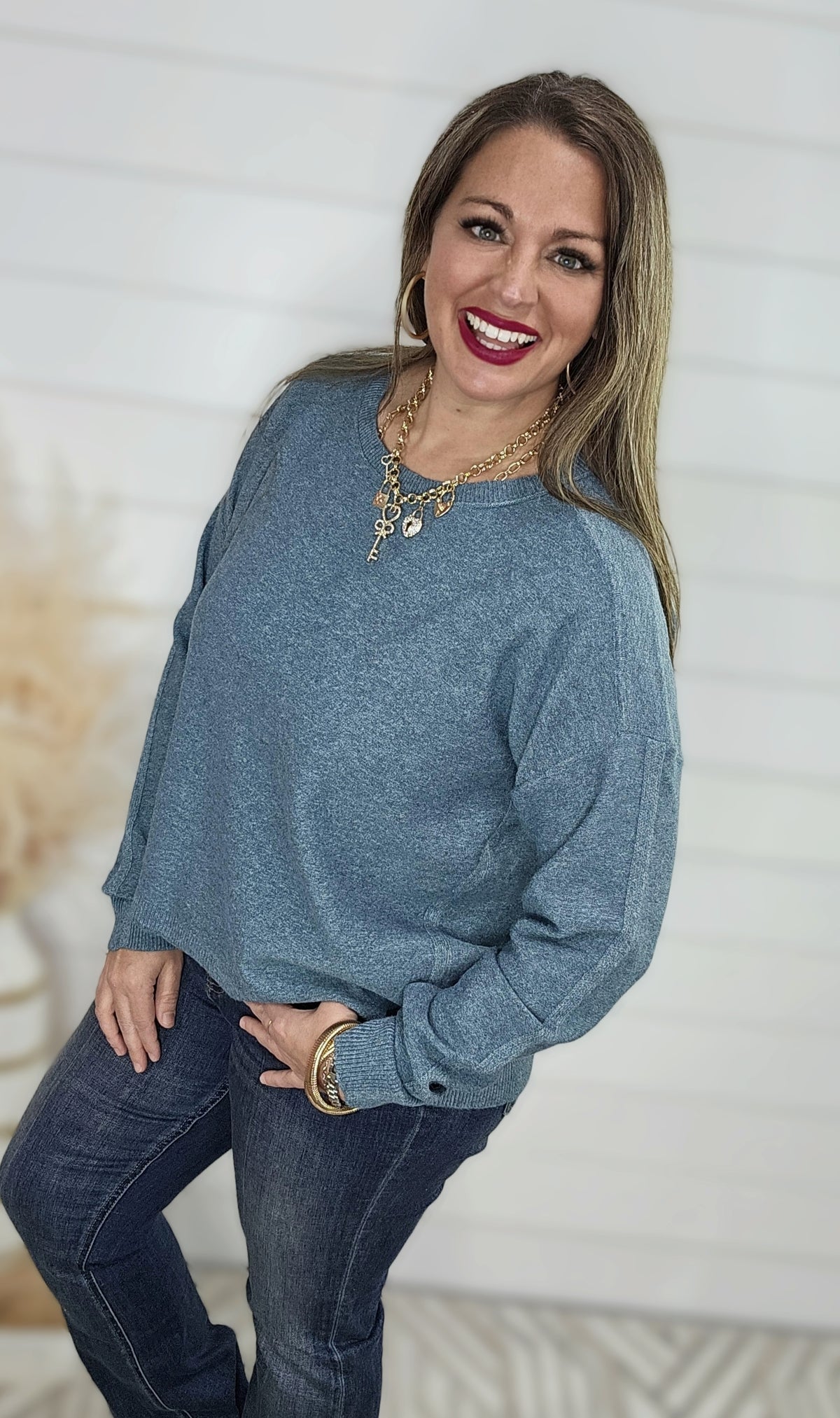 TEAL DROP SHOULDER LIGHT WEIGHT SWEATER