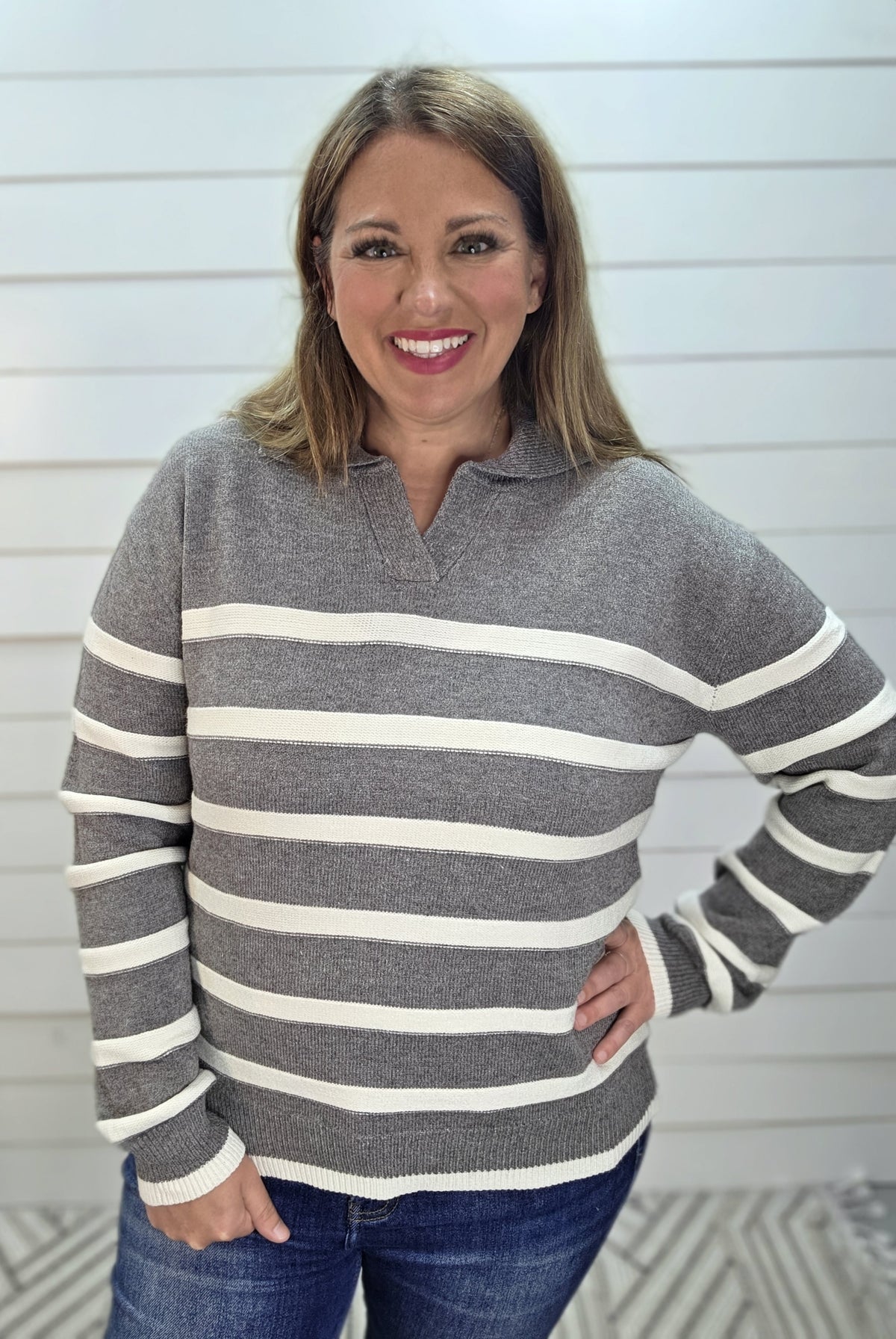 HEATHER GREY Split V-Neck Polo Neckline Striped Sweater Top