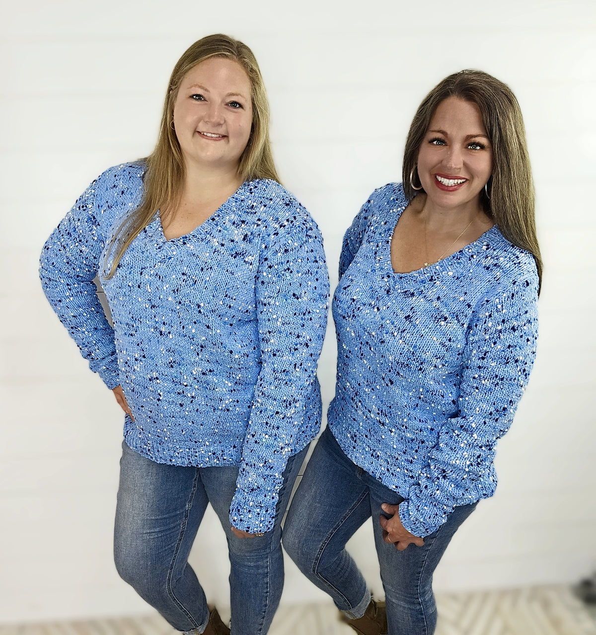 BLUE POPCORN V NECK SWEATER