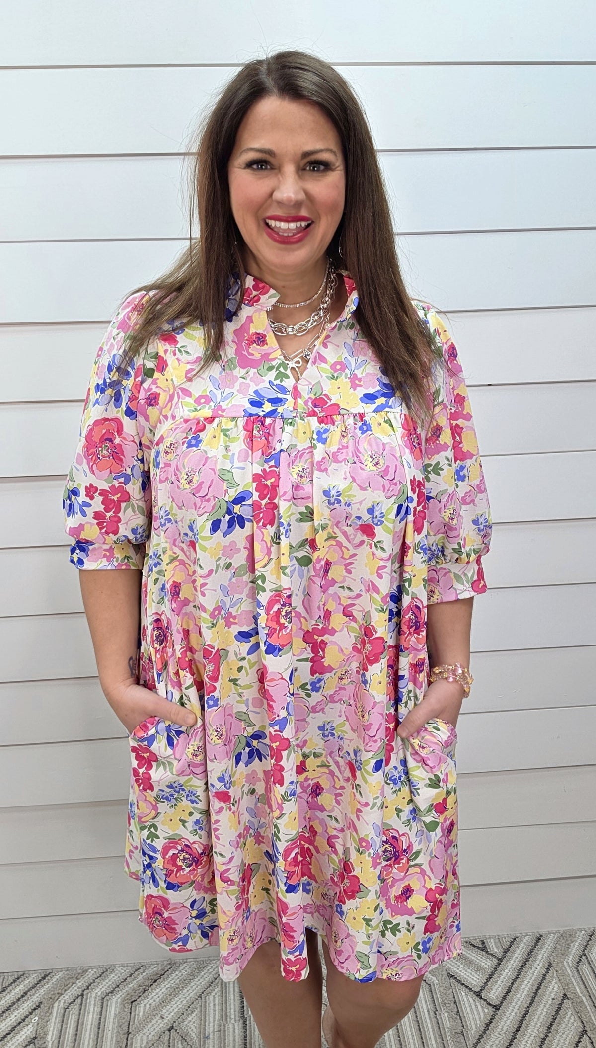 IVORY/PINK/BLUE FLORAL V NECK DRESS W/ FRILL NECKLINE