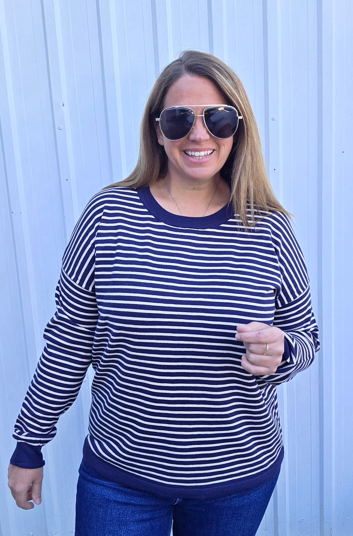 NAVY Crew Neck, Long Sleeve, Light Weight Loose Fit, Striped Pullover Sweater