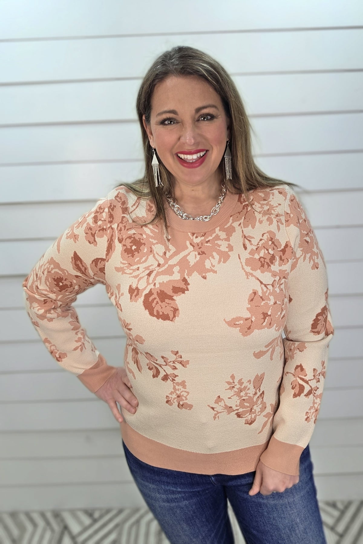 LT SALMON FLORAL KNIT PULLOVER SWEATER