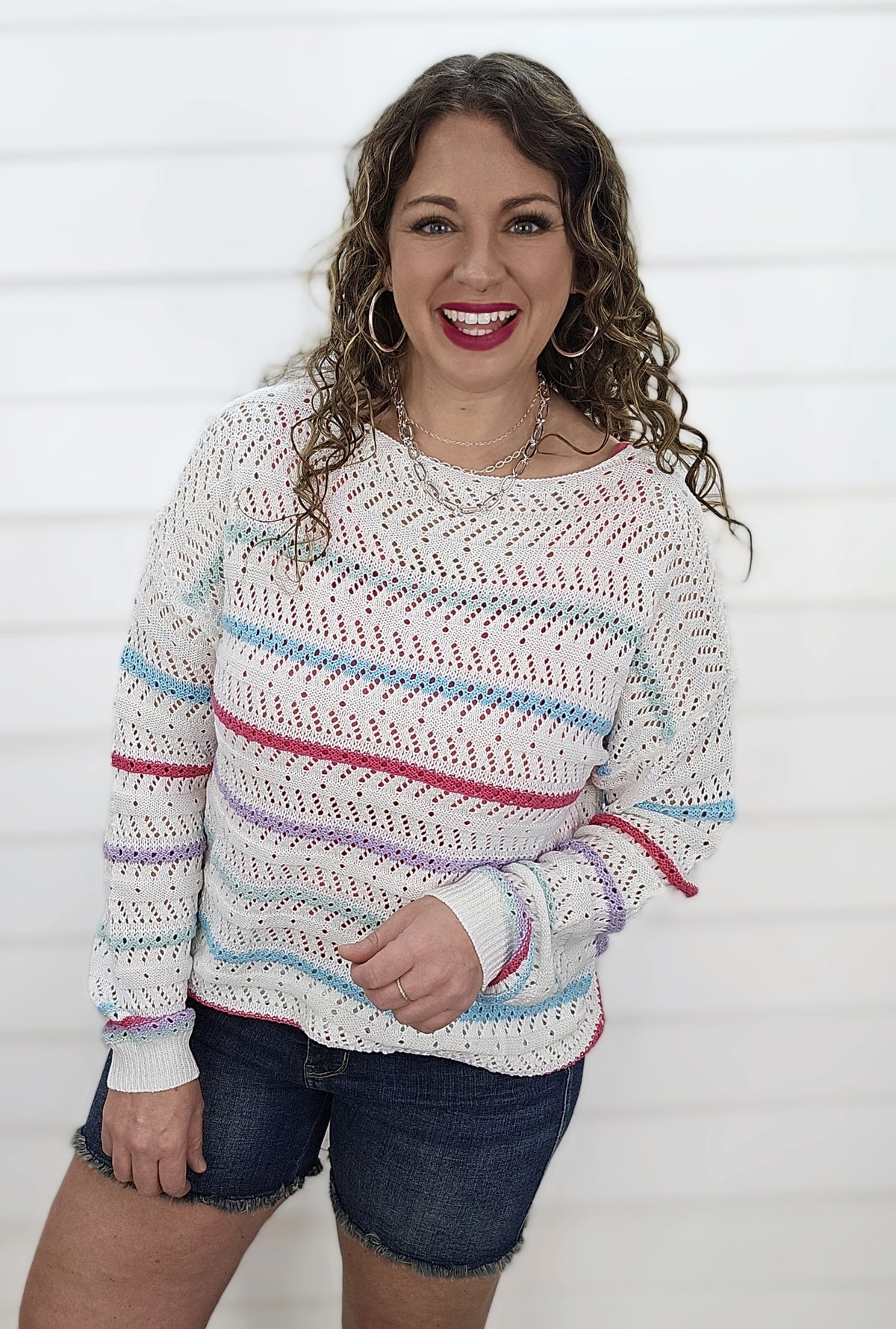 WHITE/MUTLI COLOR STRIPED OPEN WEAVE SWEATER