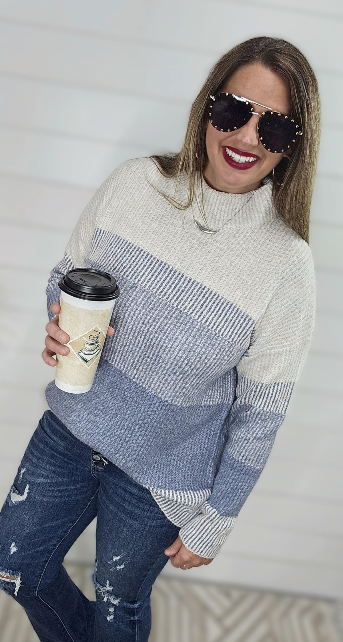 DENIM RIBBED COLORBLOCK MOCK NECK SWEATER