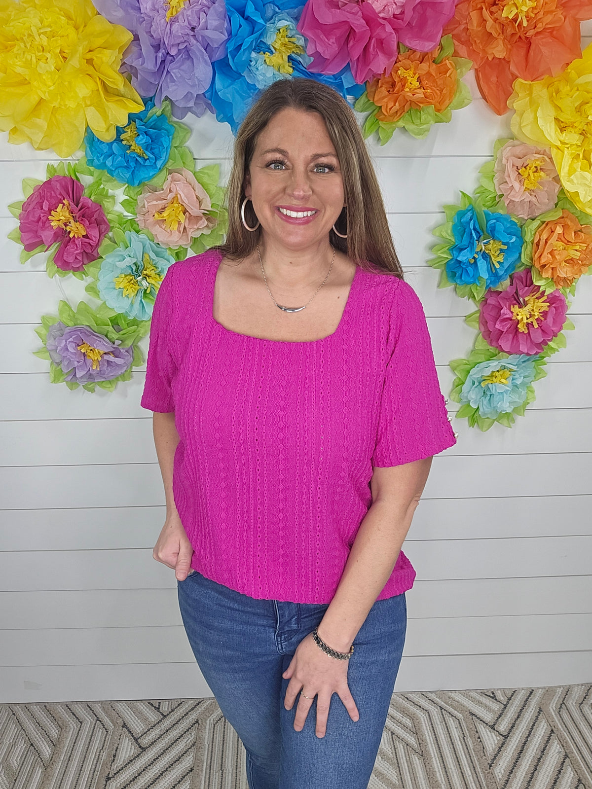 MAGENTA EYELET LACE W/ SQUARE NECKLINE AND BUTTON DETAIL