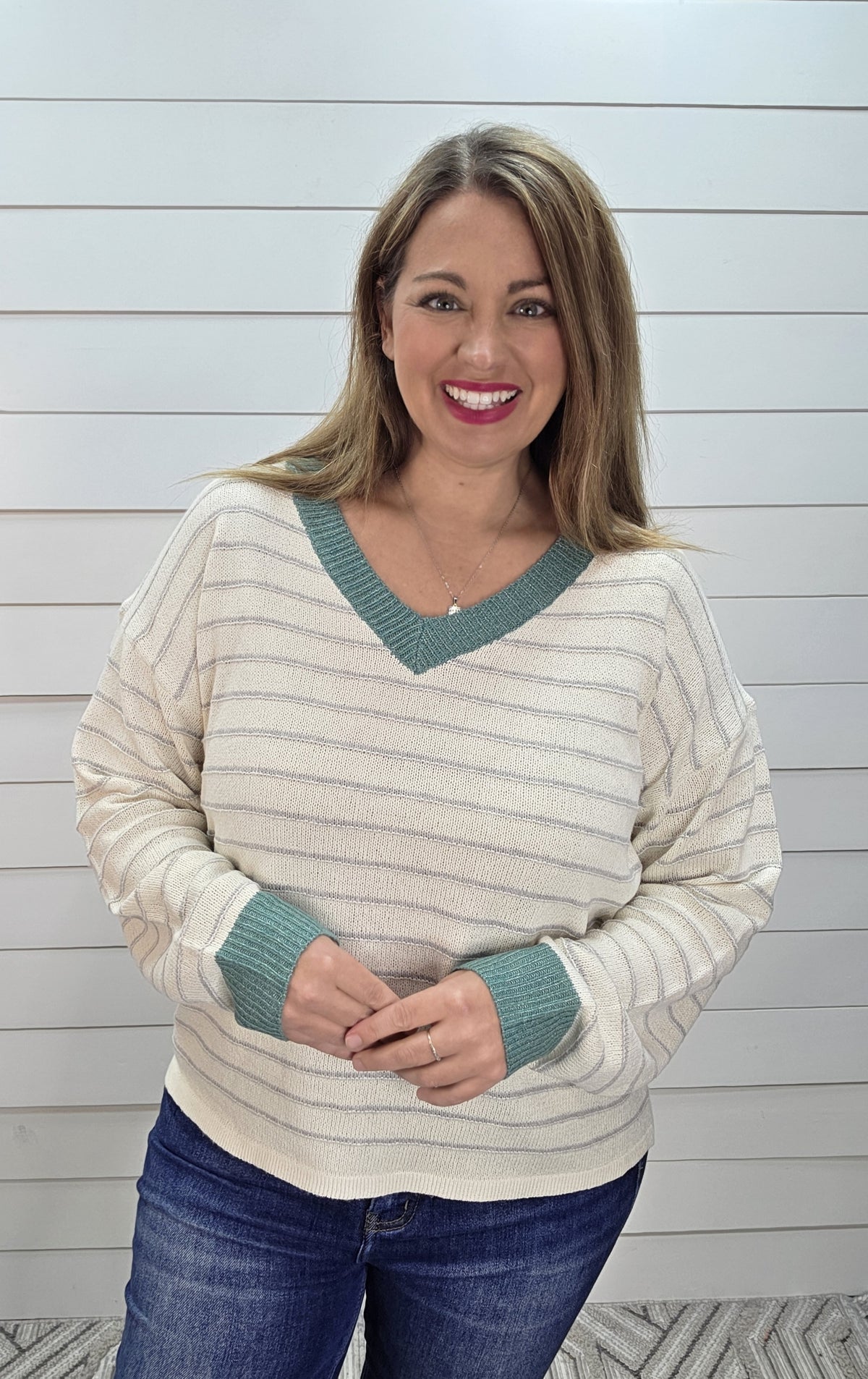 IVORY/JADE Color Accent Rib Band, Long Sleeve, Striped V Neck LIGHT WEIGHT SWEATER