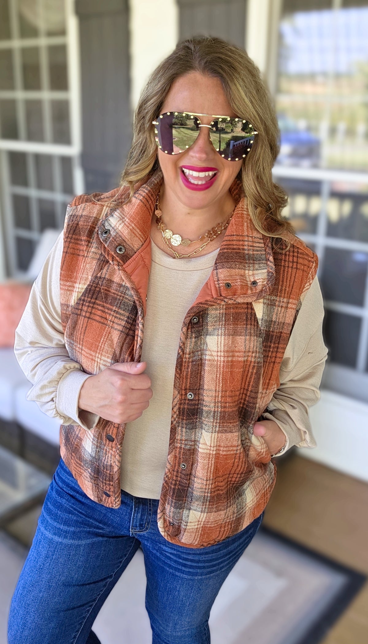 RUST PLAID SNAP BUTTON VEST
