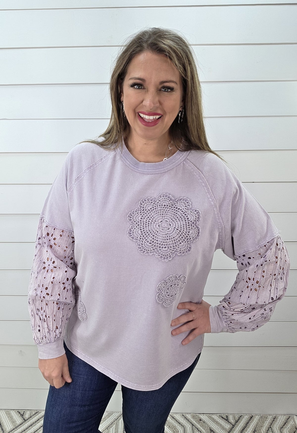 LAVENDER EYELET LACE CONTRAST KNIT OVERSIZED TOP