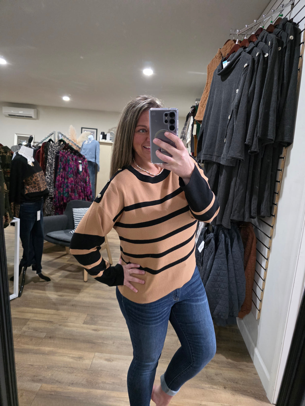 KAREN HART TAN/BLACK STRIPED SWEATER WITH BUTTON ACCENTS
