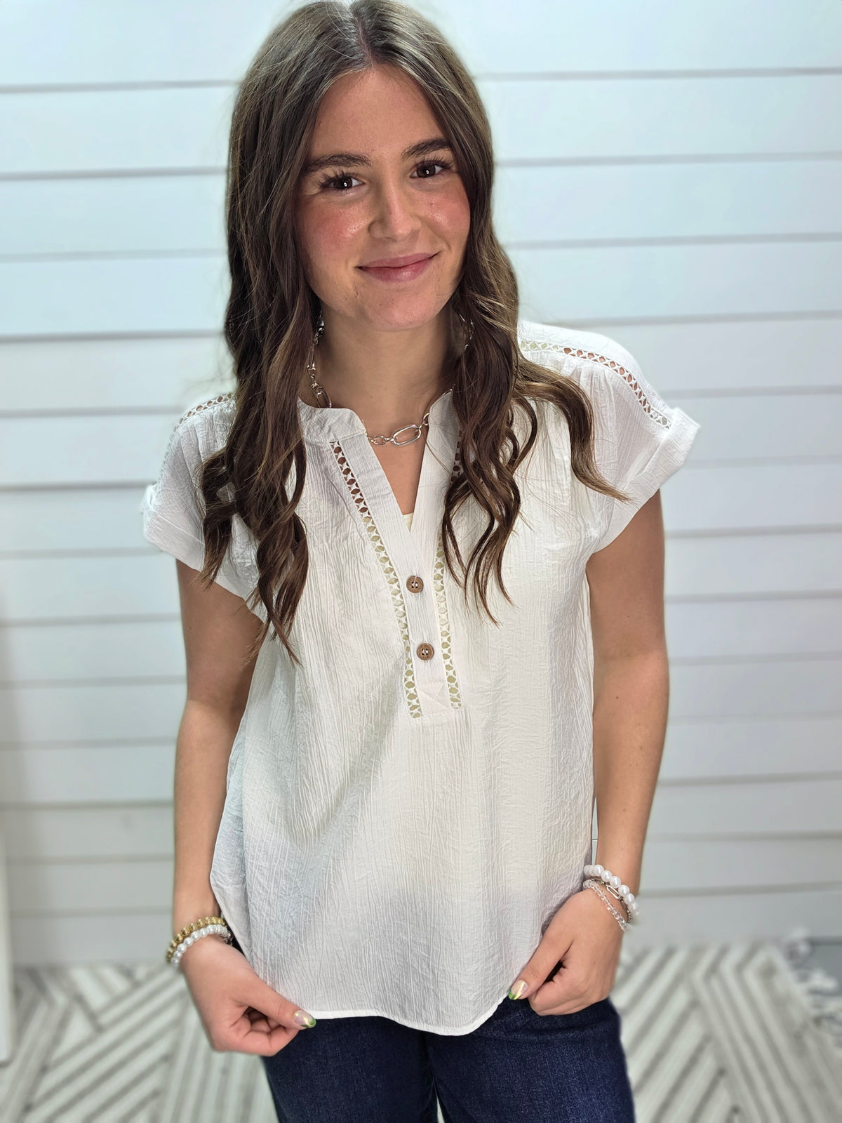 WHITE HALF BUTTON LACE LINE WOVEN TOP