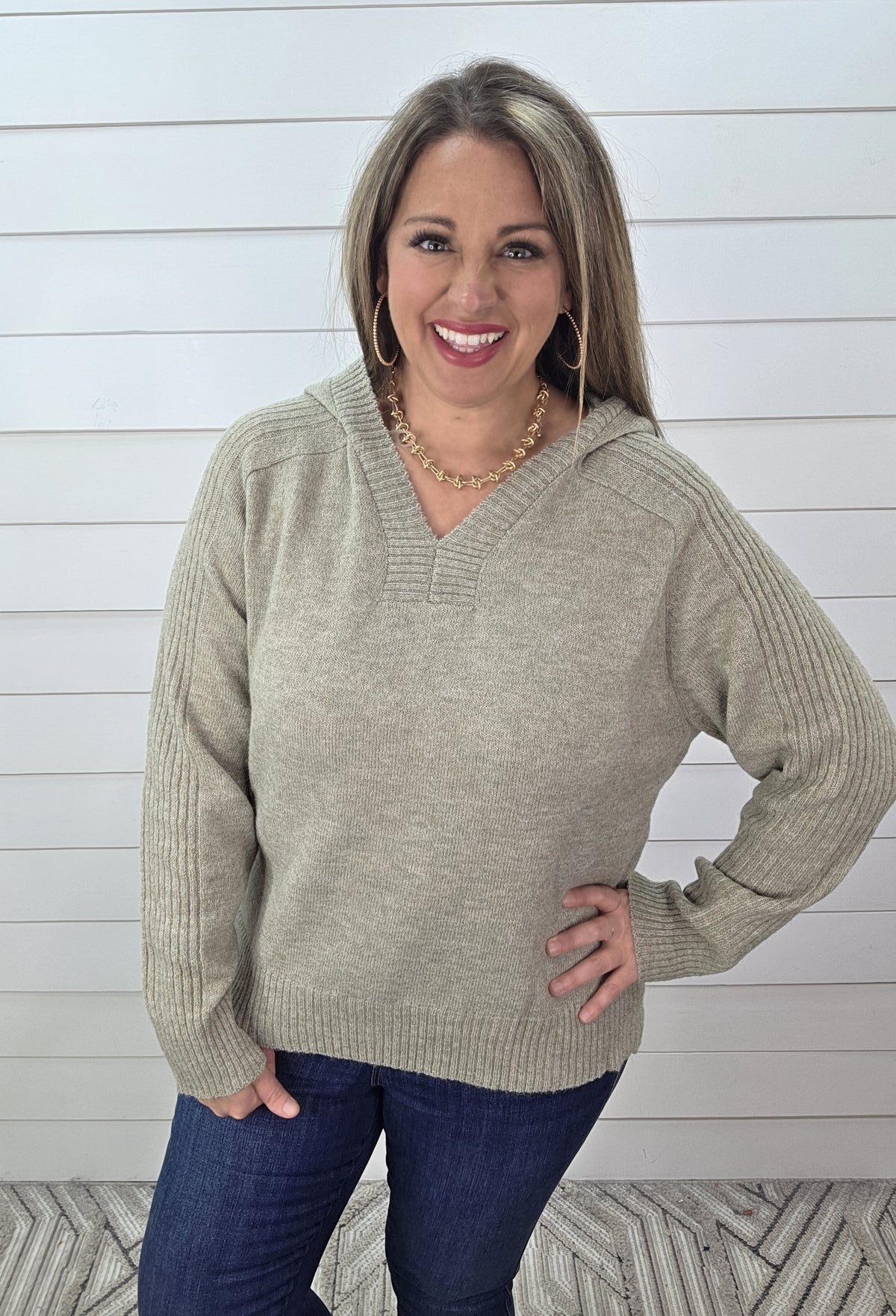 LT OLIVE KNIT RIBBED ACCENT HOODED SWEATER PULLOVER