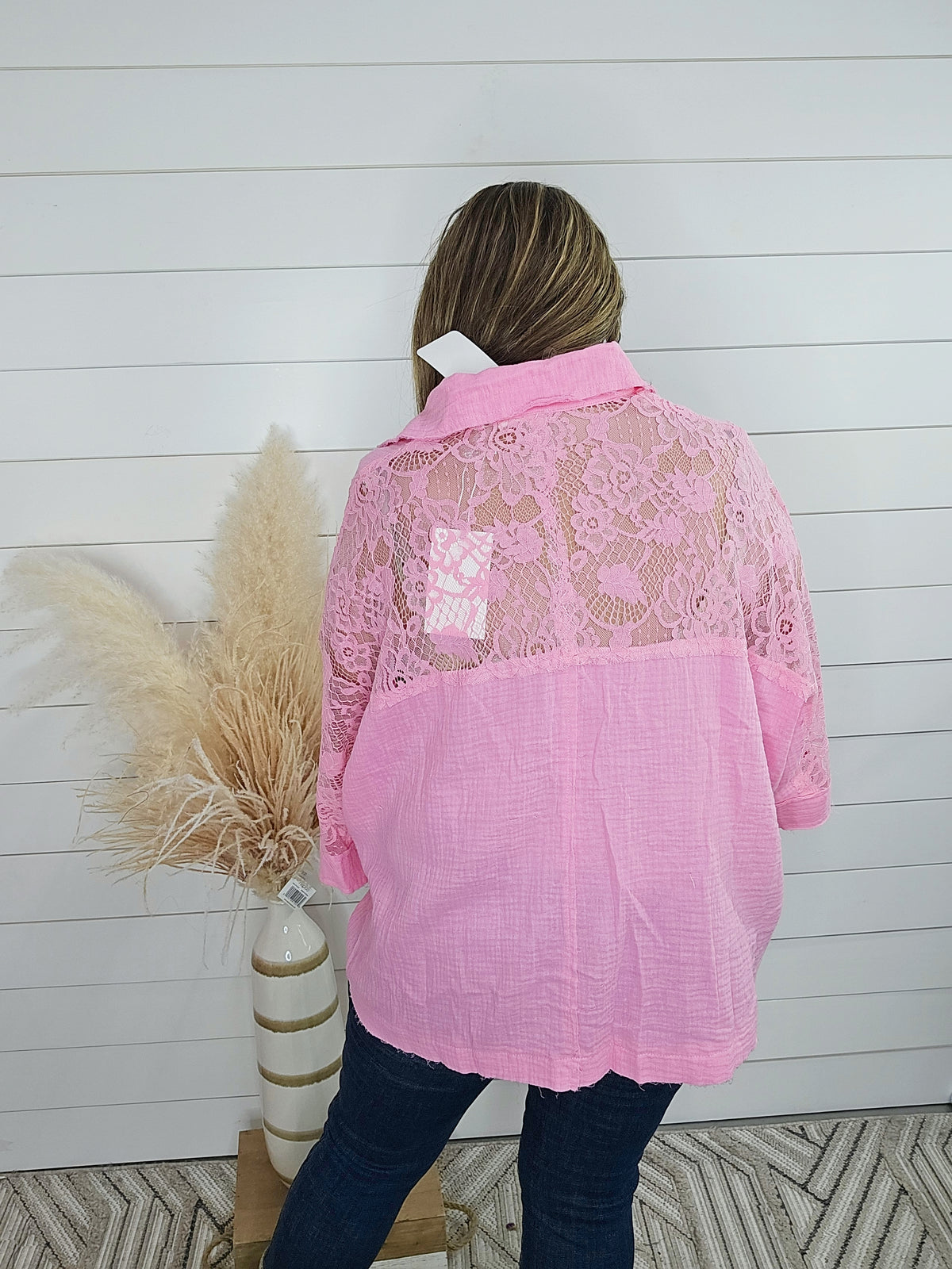 PINK OVERSIZED LACE BUTTON UP TOP