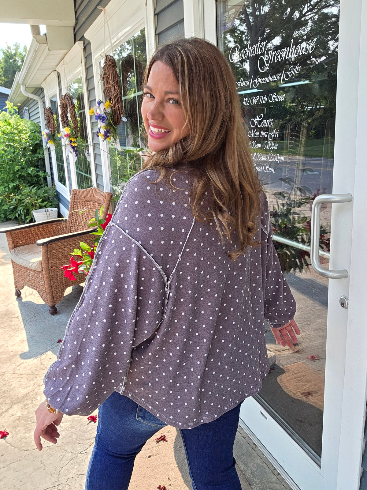 BROWN KNIT POLKADOT LOOSE KNIT TOP