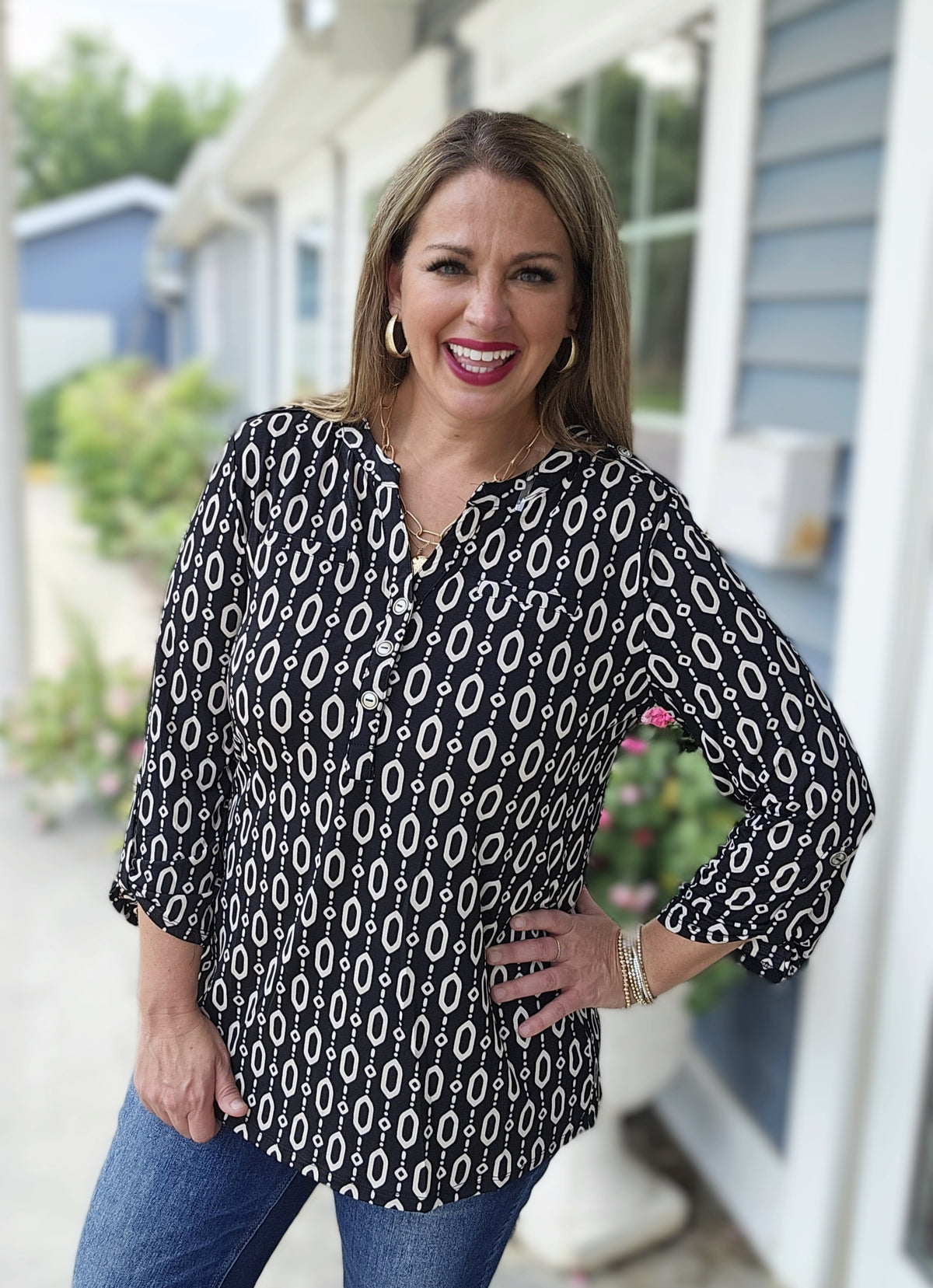 DEAR SCARLETT BLACK/CREAM GEO PRINT LUXE LIZZY