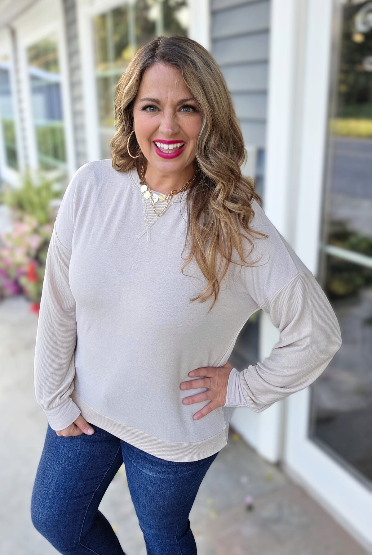 BEIGE FABRIC CONTRAST KNIT TOP