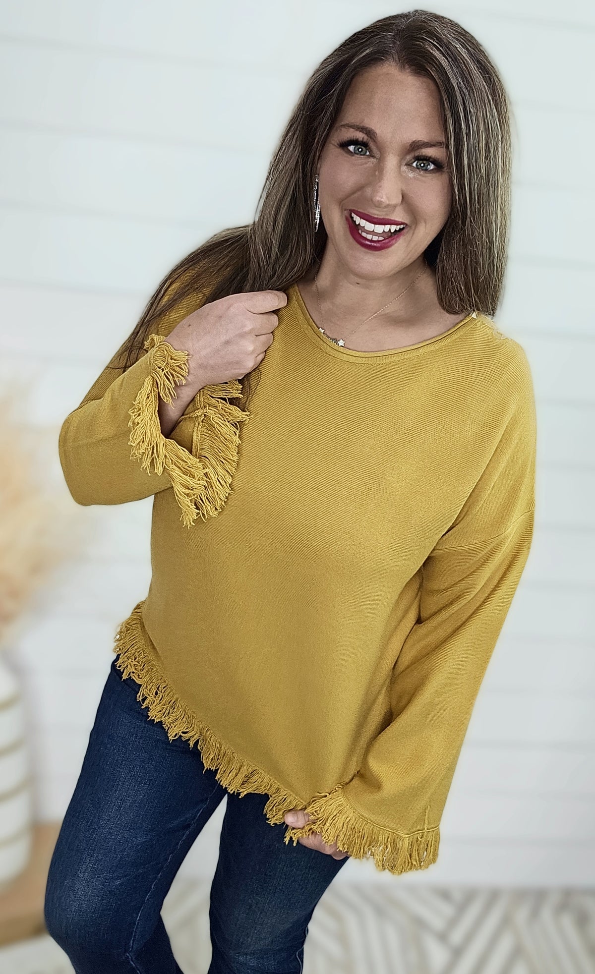 KAREN HART MUSTARD SWEATER W/ FRINGE TRIM