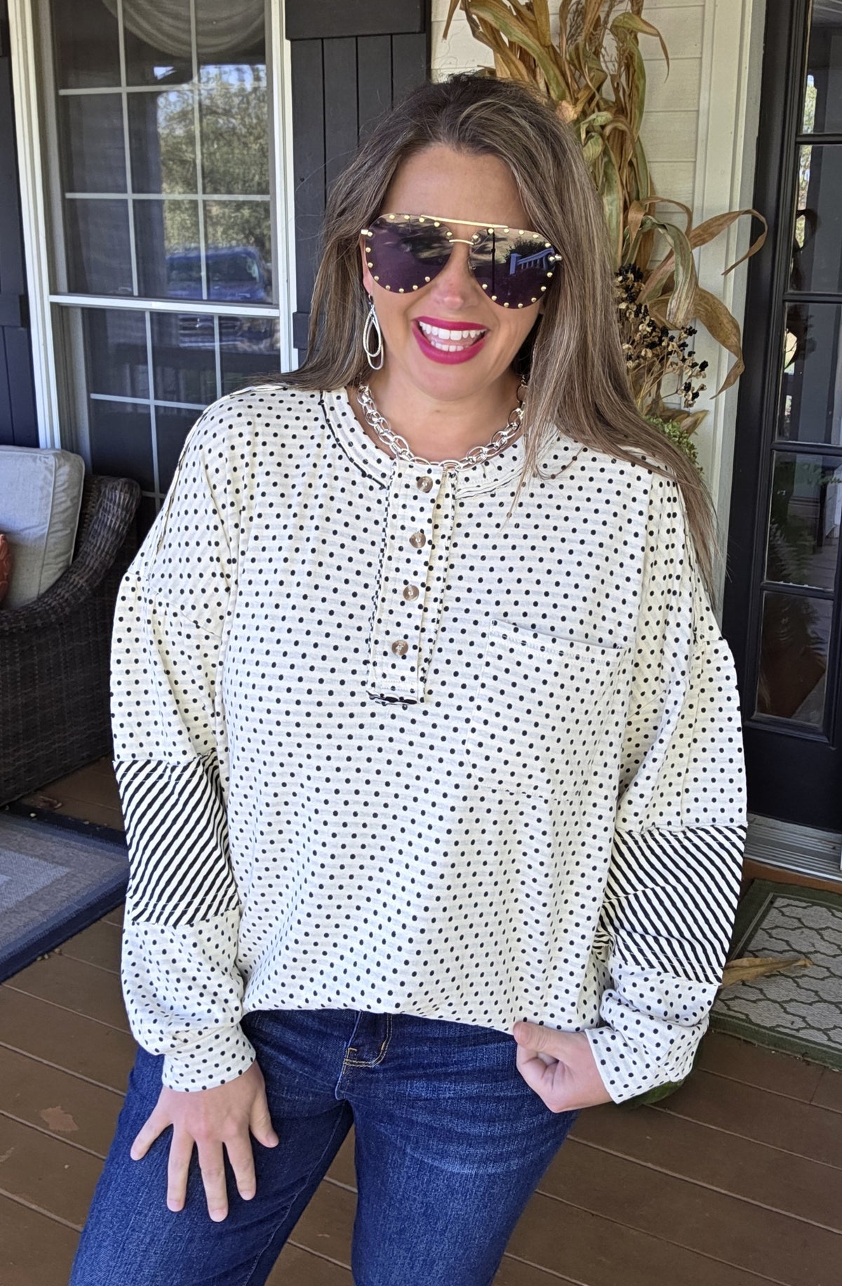 CREAM/BLACK POLKADOT/STRIPED KNIT OVERSIZED TOP