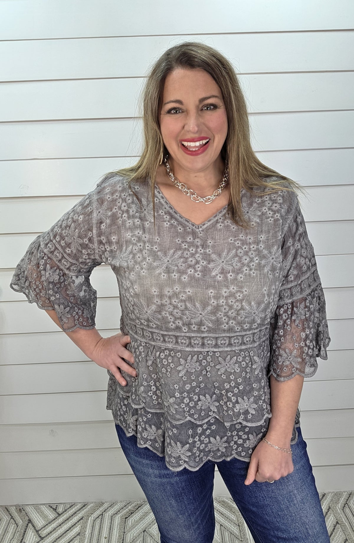 GREY MINERAL WASH CROCHET LACE TOP