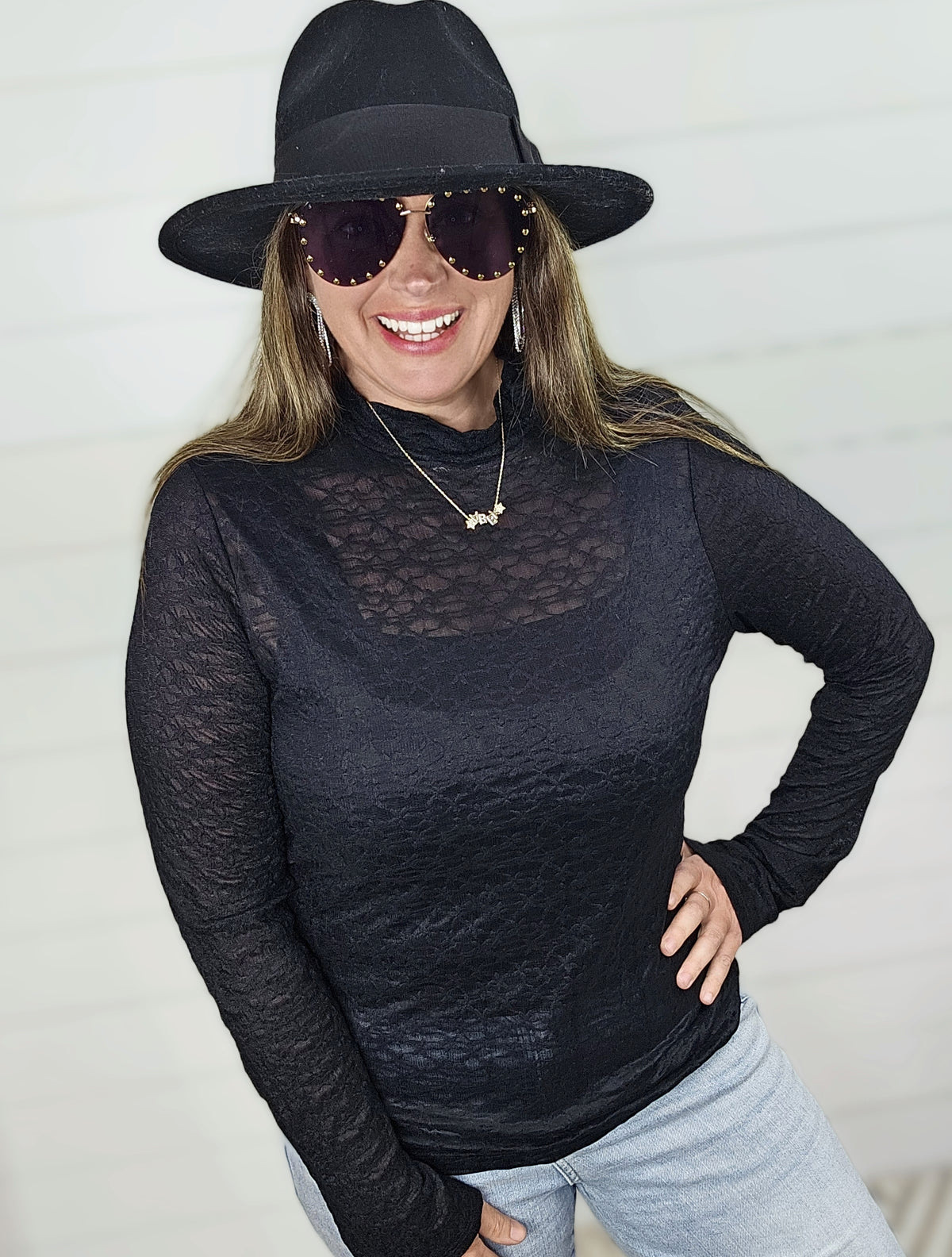 BLACK MOCK NECK LACE TOP