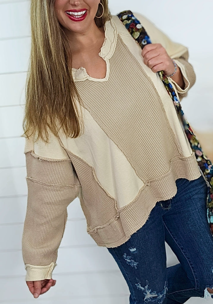 POL BEIGE WAFFLE OVERSIZED CONTRAST TOP