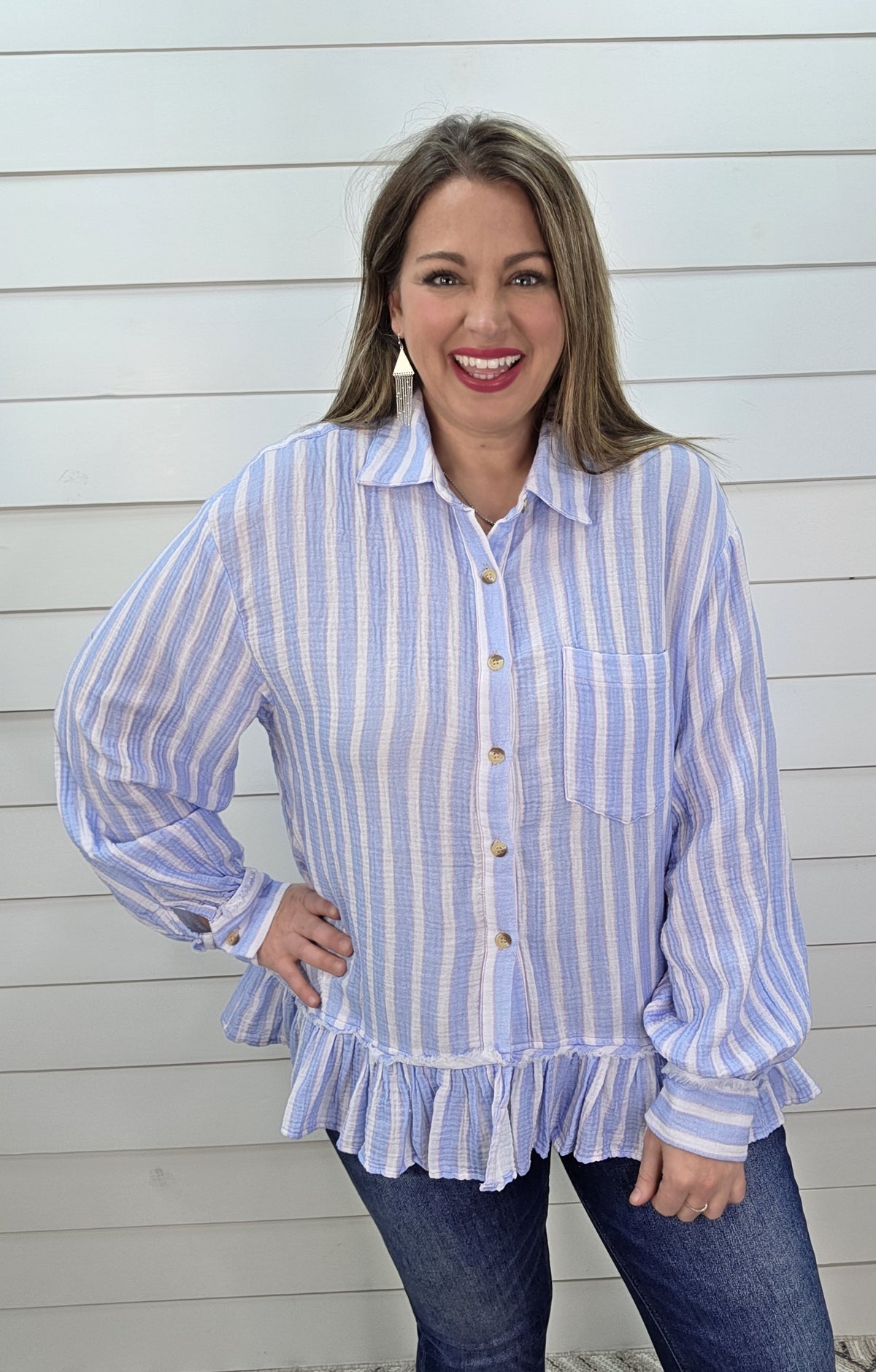 SKY BLUE STRIPED OVERSIZED COTTON GAUZE BUTTON DOWN TOP W/ RUFFLE