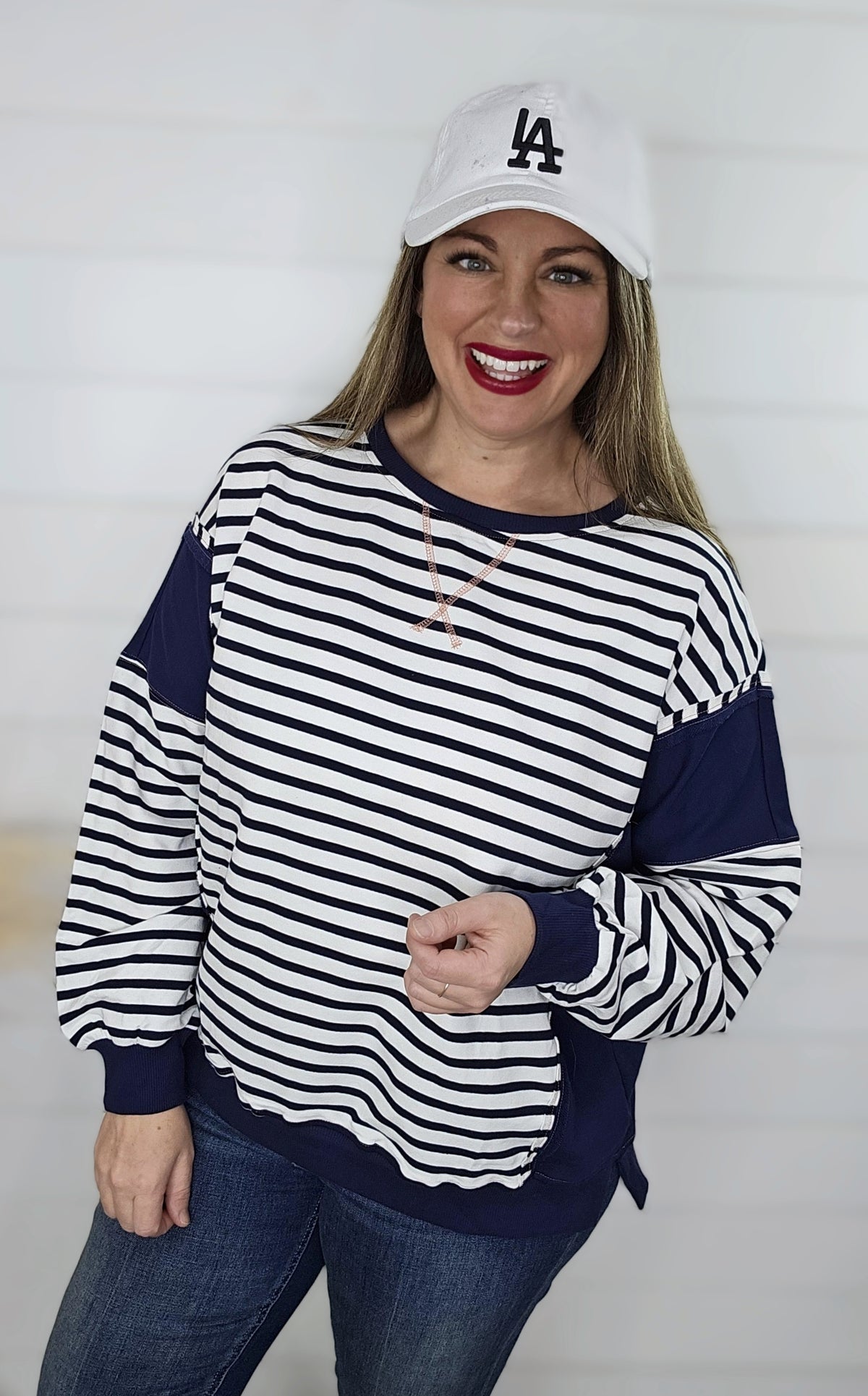 NAVY/WHITE STRIPED BLOCK LOOSE FIT PULLOVER TOP