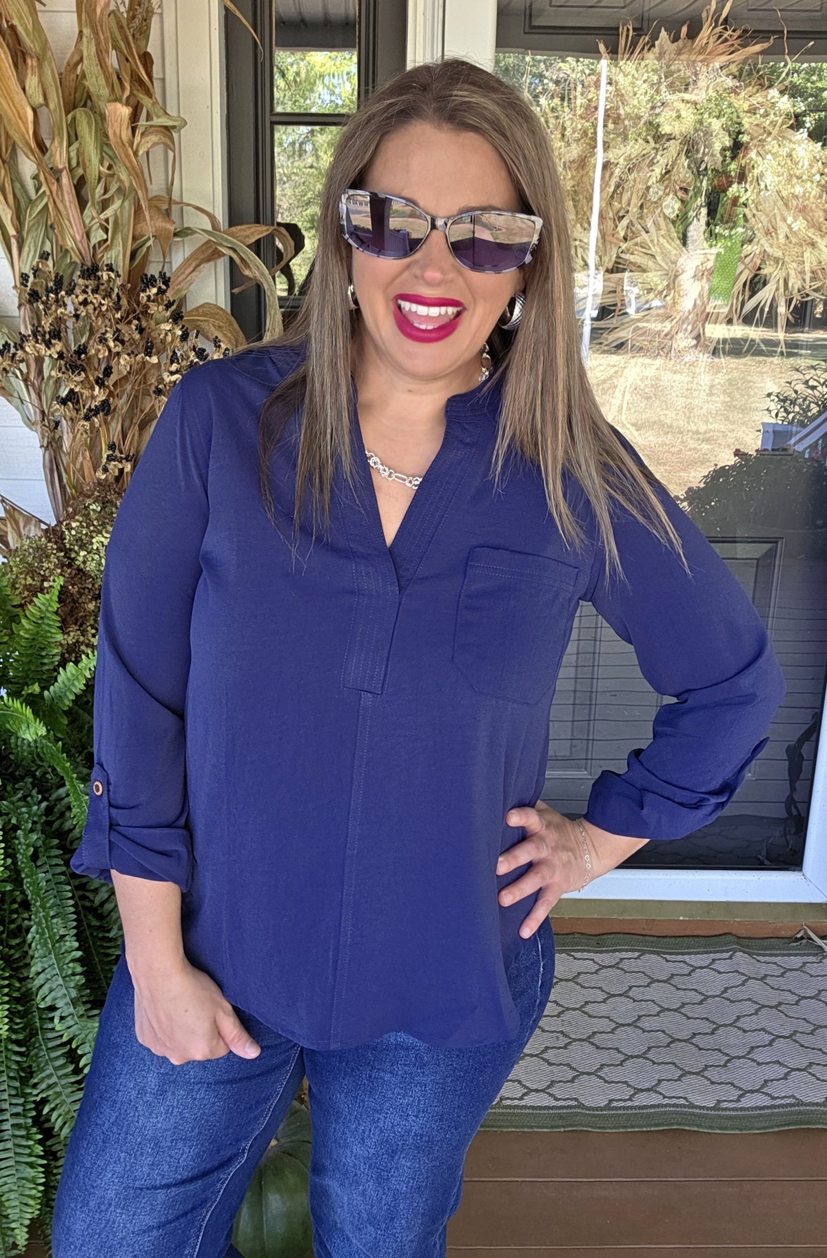 NAVY V NECK ROLL UP SLEEVE WOVENT TOP