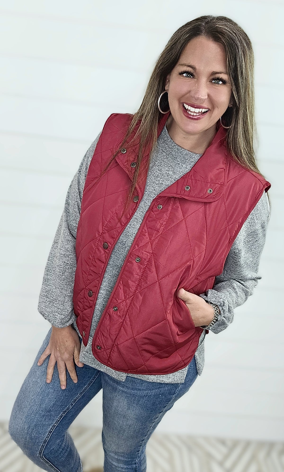 BURGUNDY THIN QUILTED SNAP BUTTON VEST