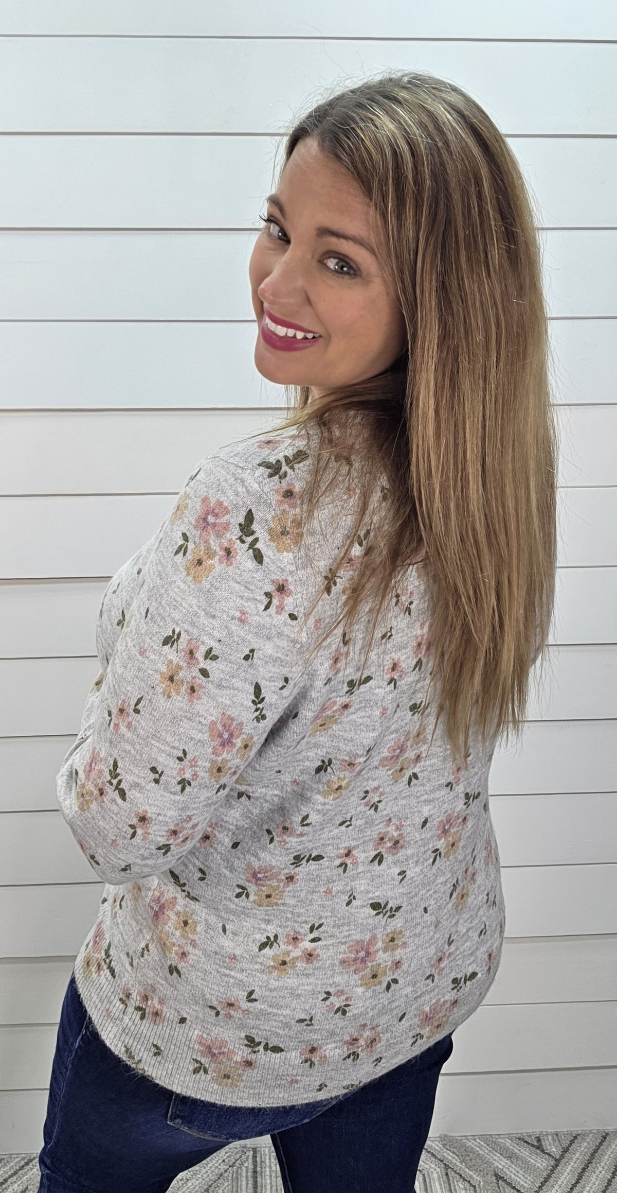 H GREY Flower Printed, Long Sleeve, Super Soft, Crew Neck Light Weight Sweater