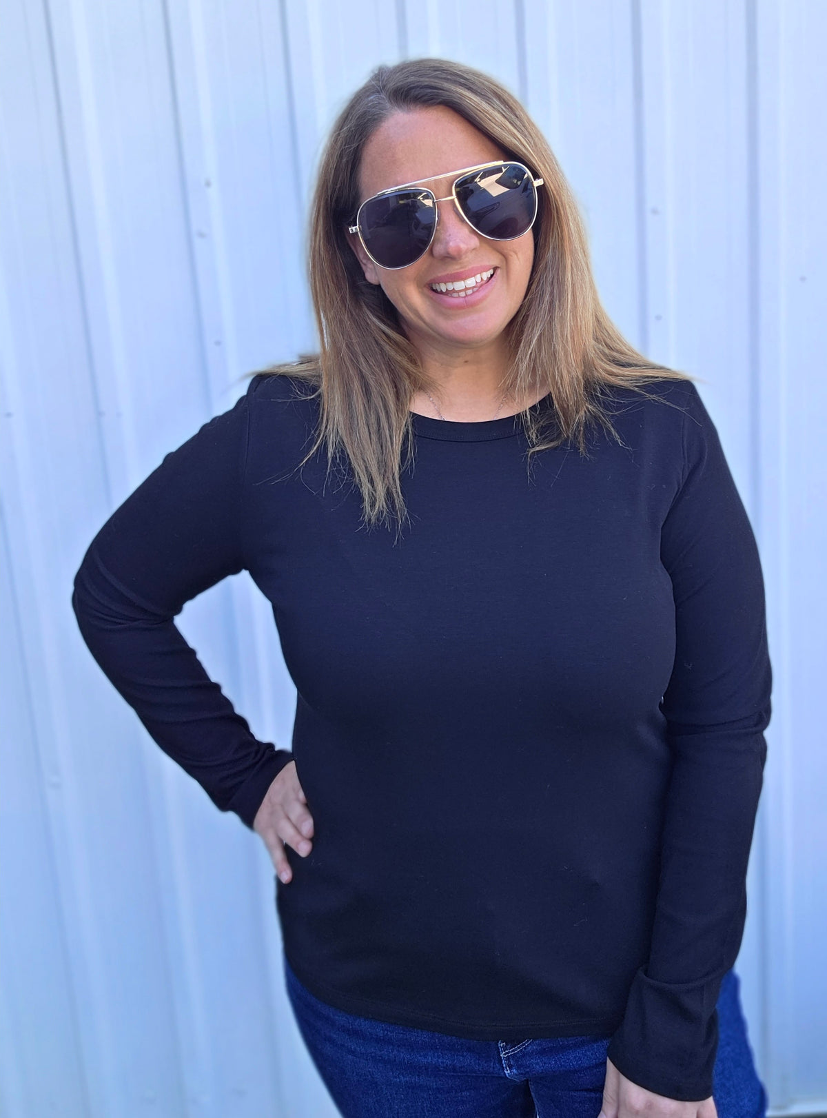 Black Crew Neck, Long Sleeve, Heavy Rayon Jersey, Solid Basic Top