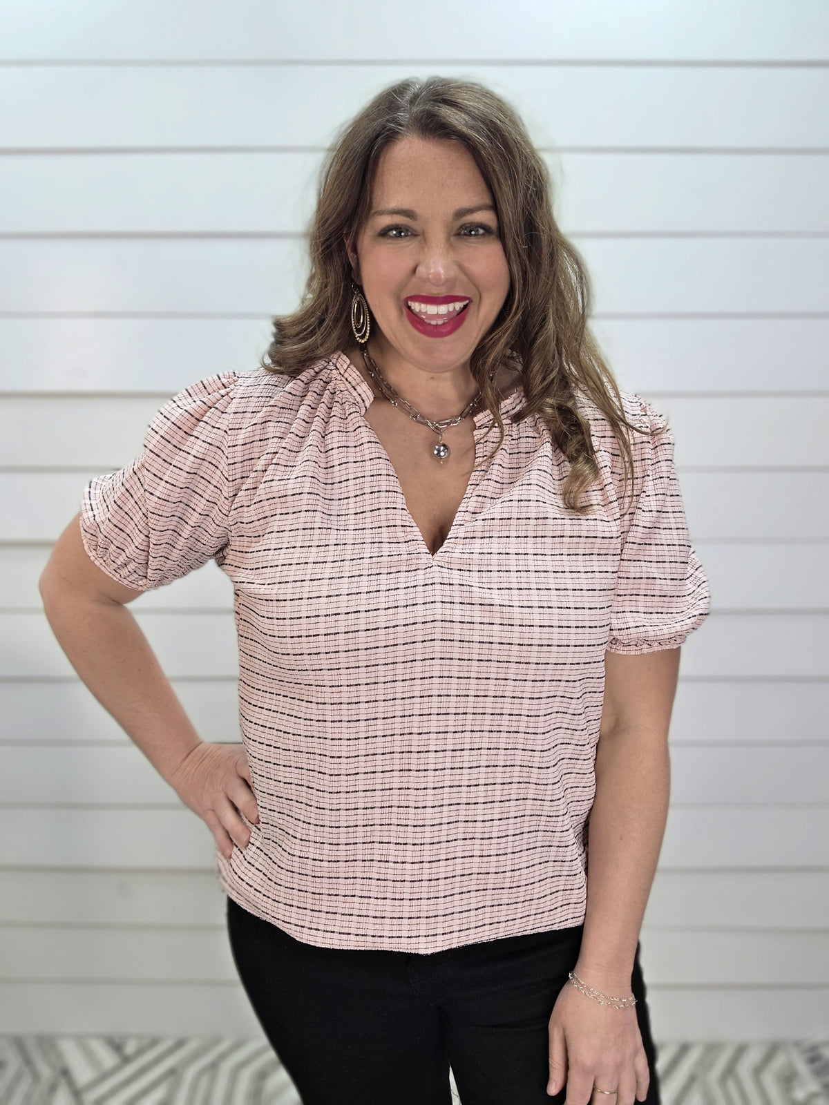PINK/BLACK STRIPED TEXTURED KNIT OVERSIZED TOP