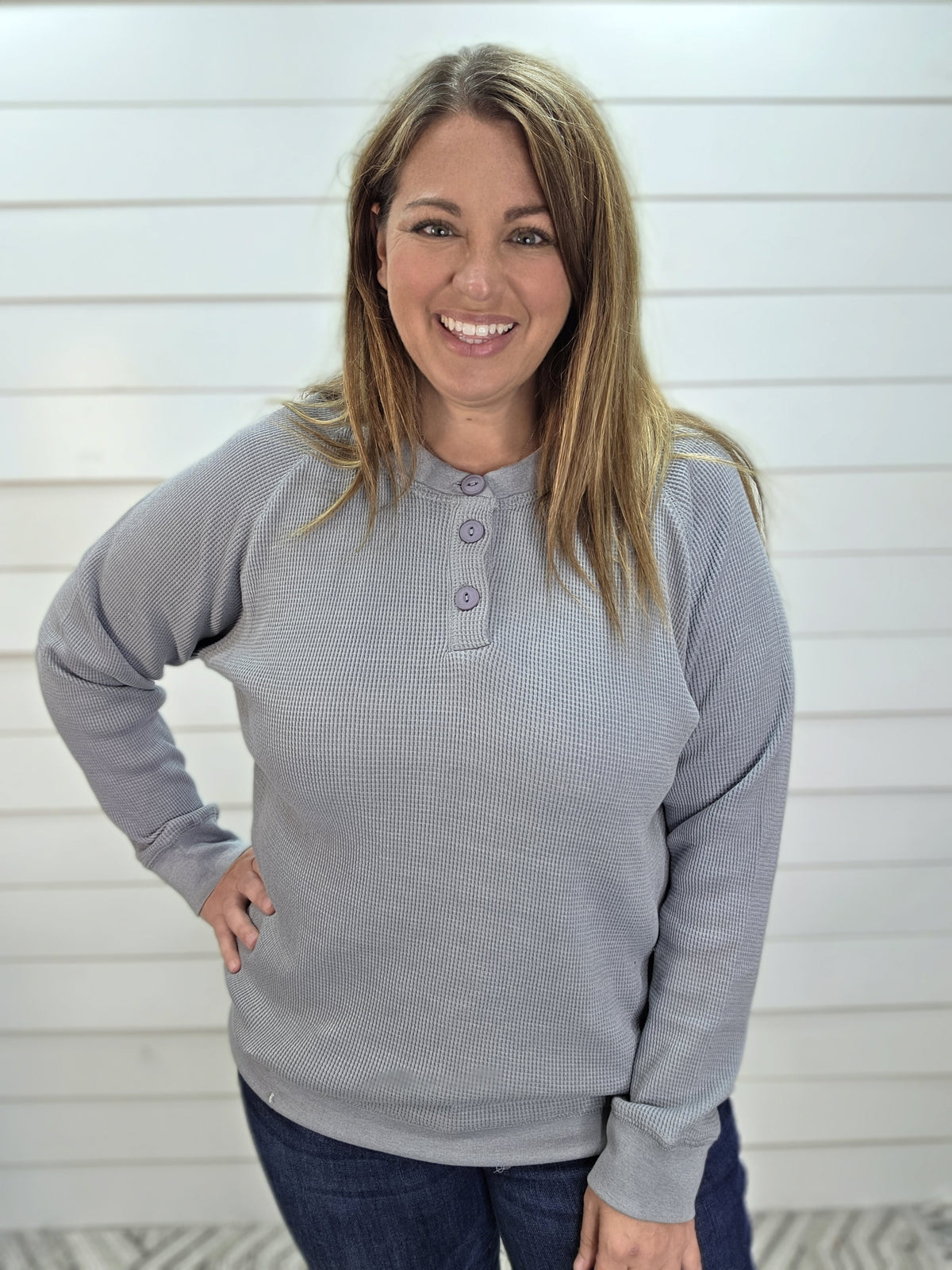 STEEL GREY WAFFLE TEXTURED BUTTON HENLEY KNIT TOP