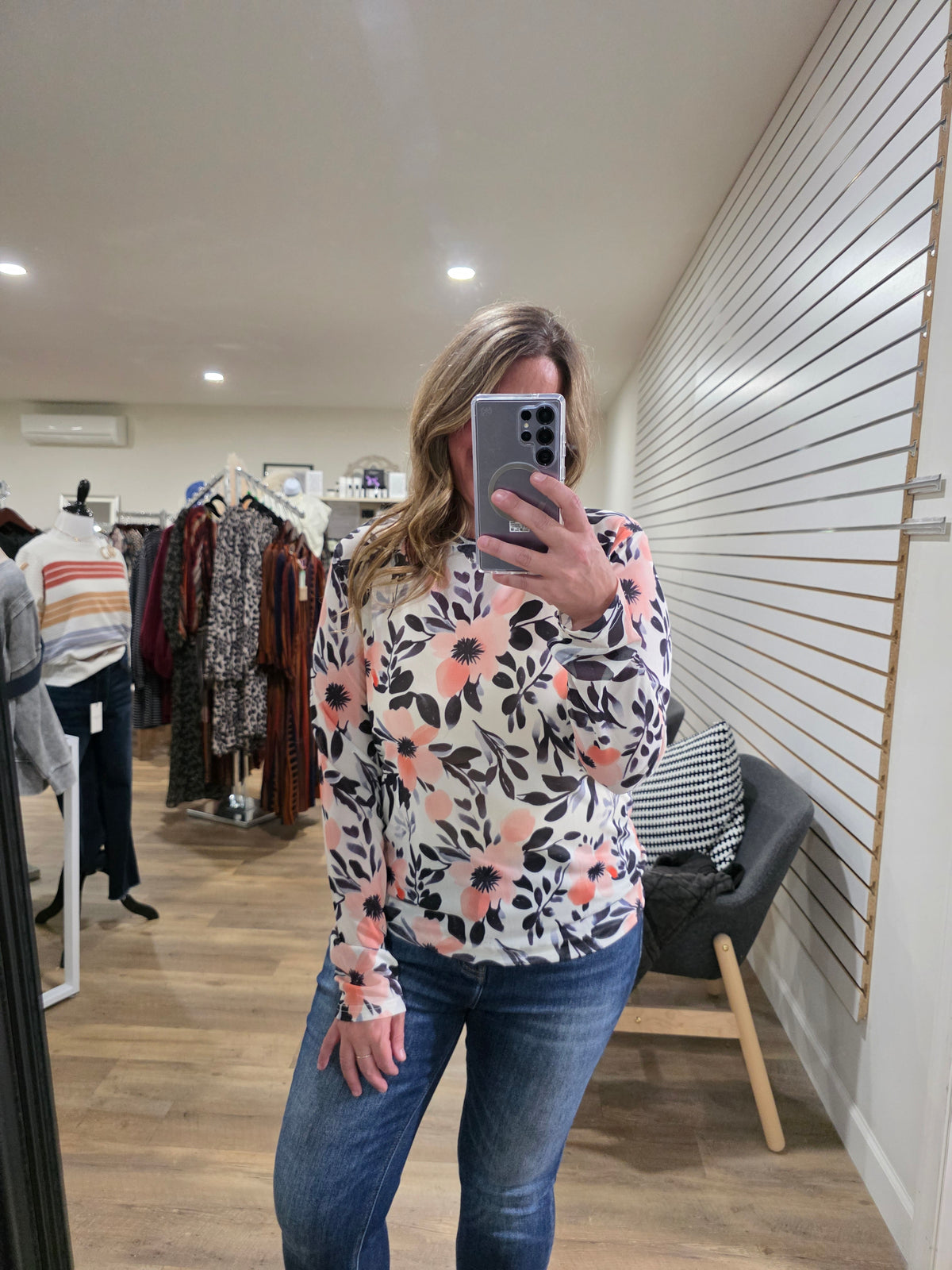 SHIRLEY AND STONE CORAL/FLORAL FLORAL MESH TOP