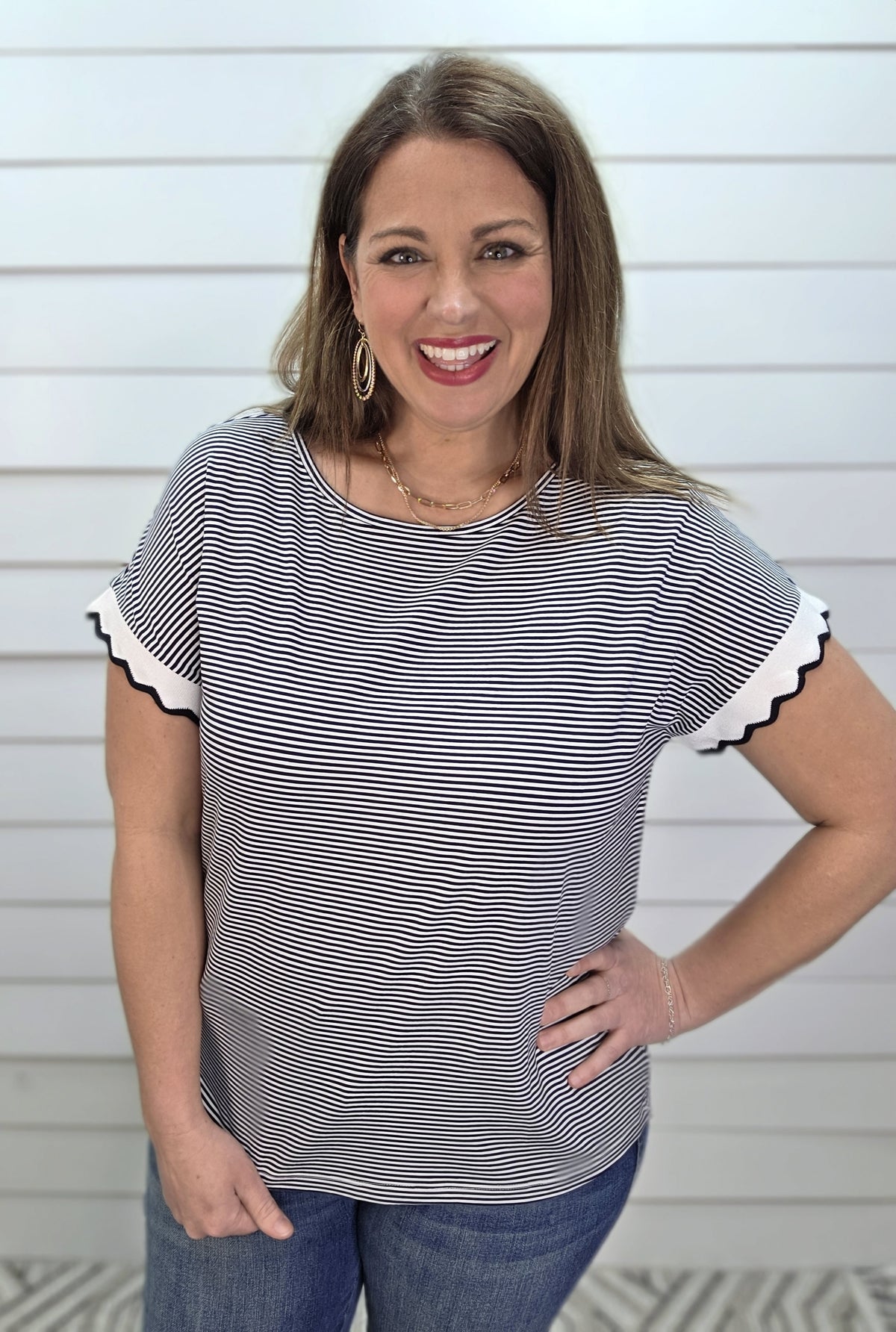 IVORY/NAVY PIN STRIPED KNIT TOP W/ SCALLOPED TRIM