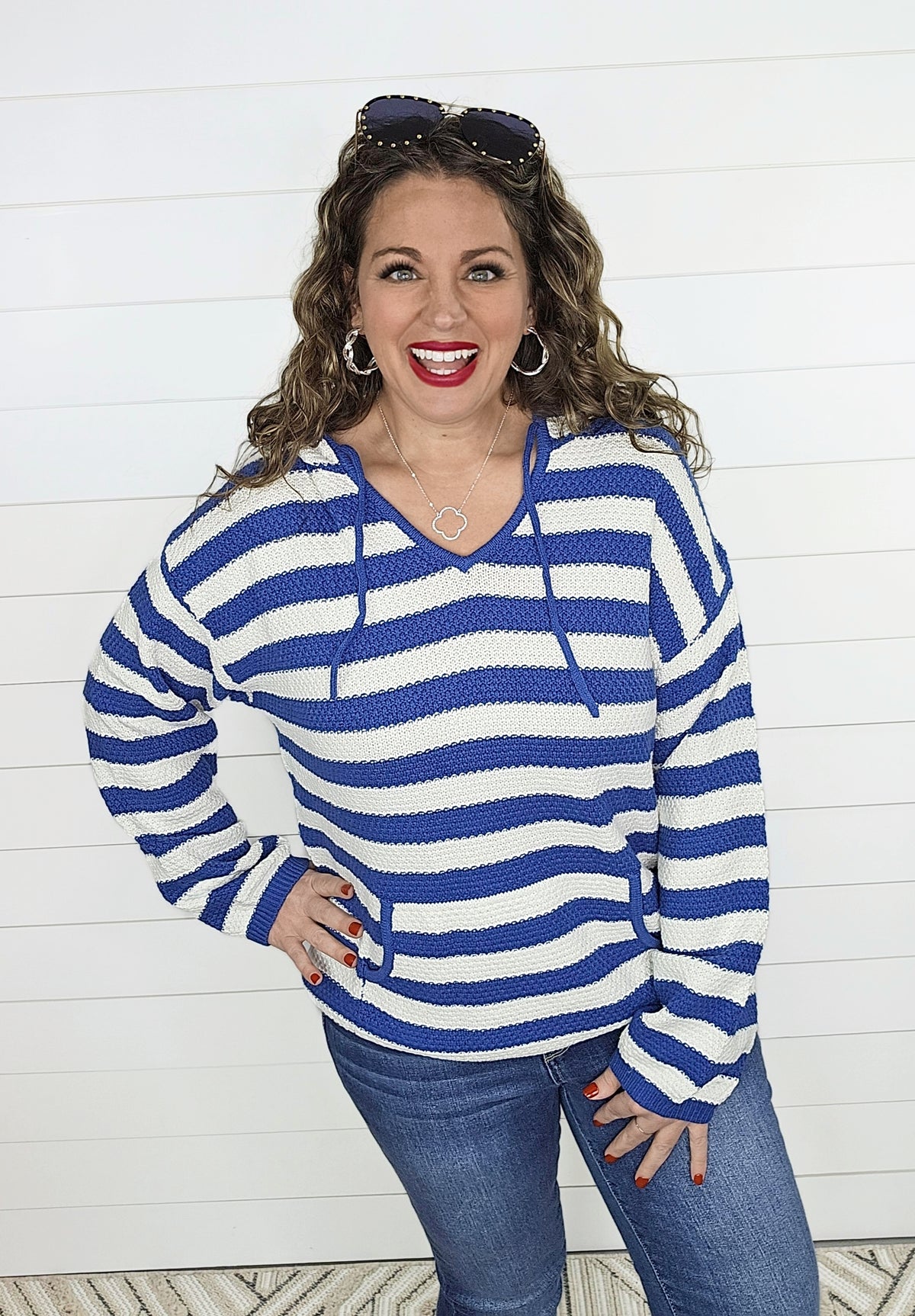 BRIGHT BLUE STRIPED HOODED SWEATER