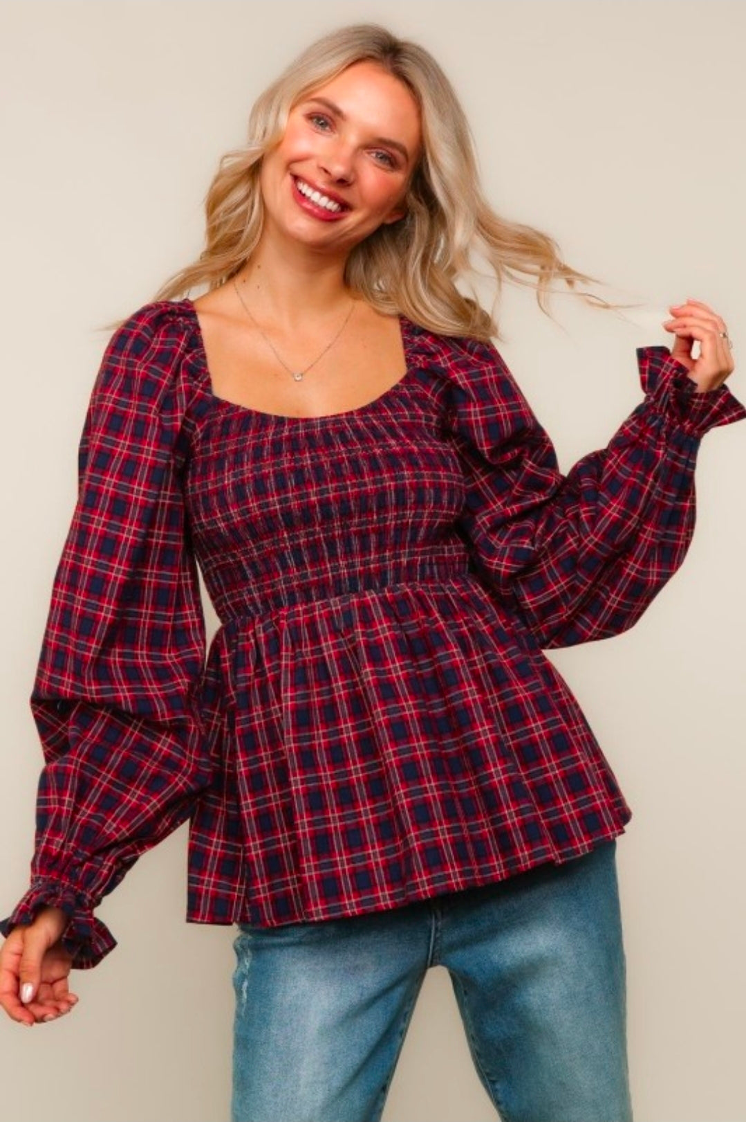RED/BLUE PLAID SMOCKED TOP PEPLUM TOP