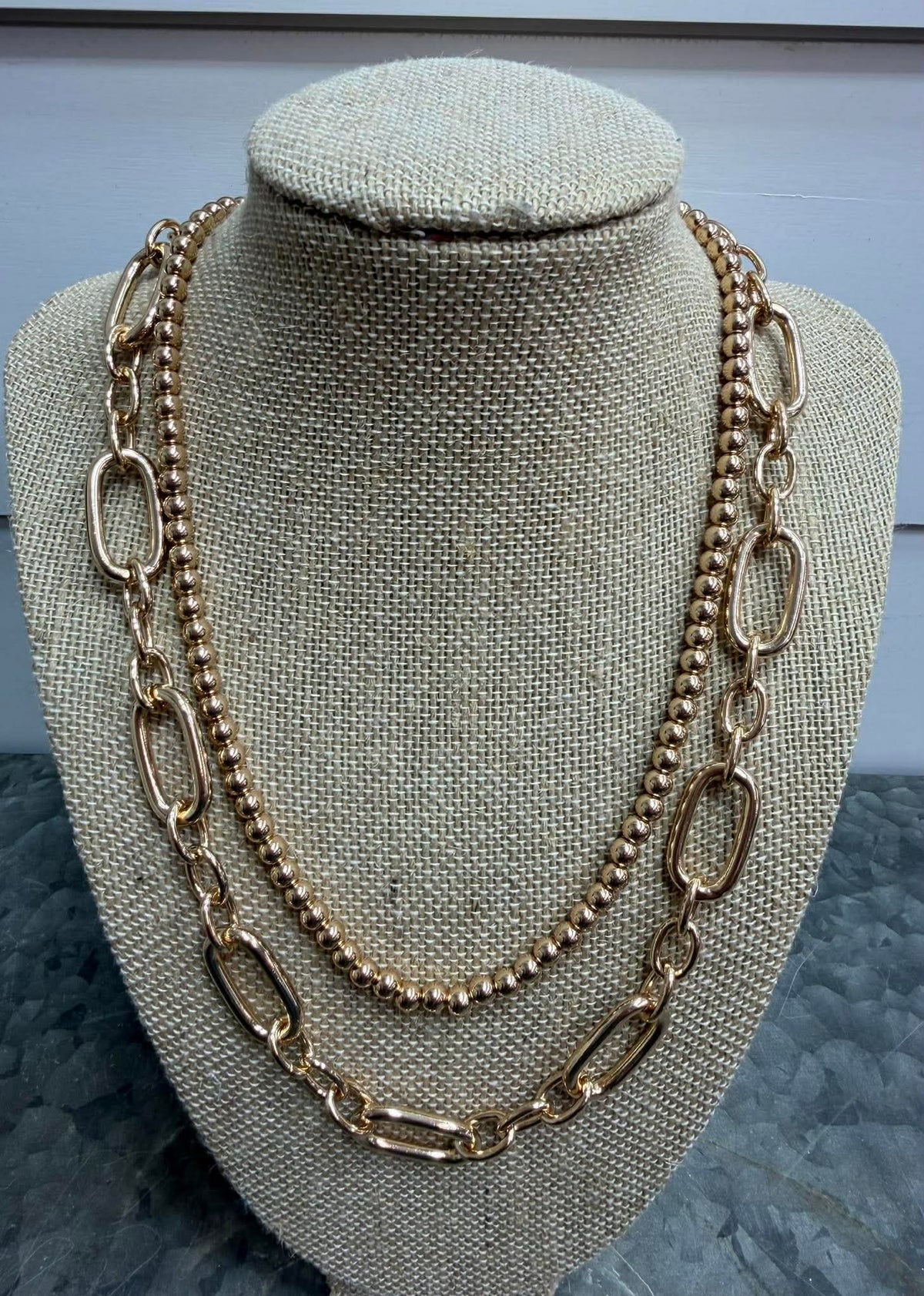 GOLD WATER RESISTANT BEADED CHAIN W/ OPEN RECTANGLE LAYERED