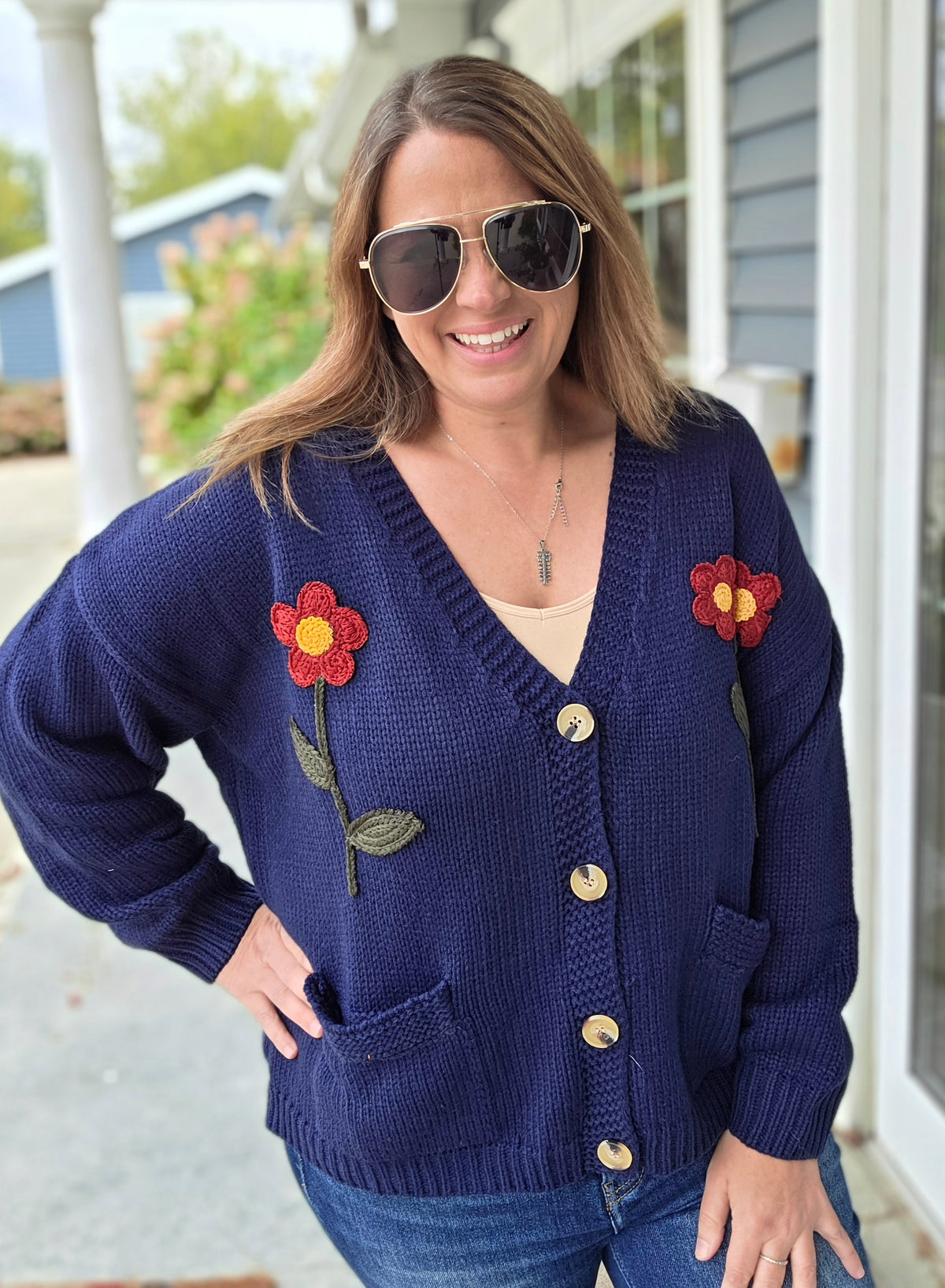 NAVY V Neck Button Down Long Sleeve Oversized Loose Fit Sweater Cardigan With Flower