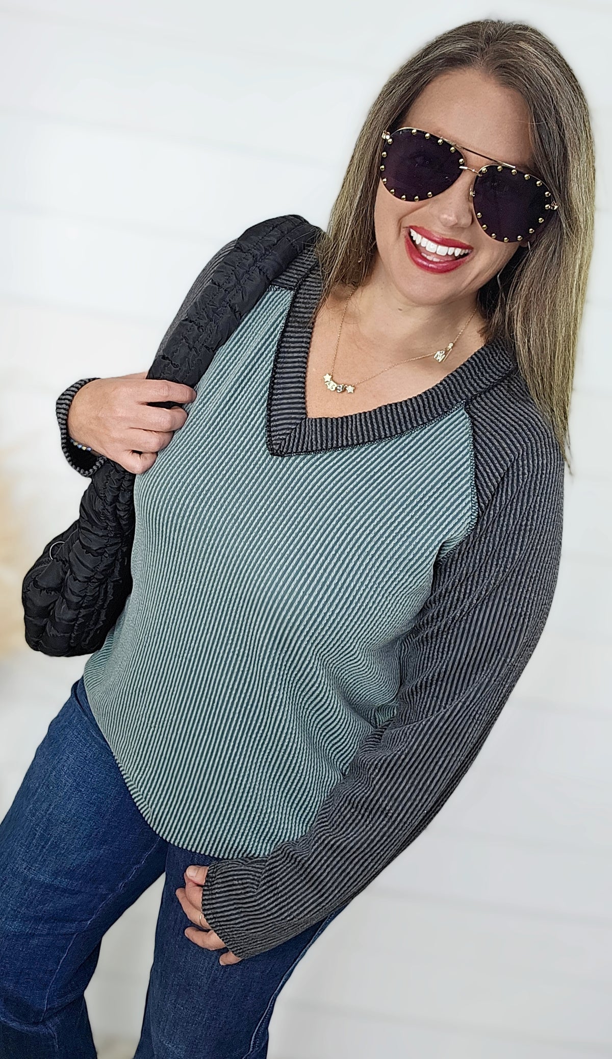 VINTAGE OLIVE/CHARCOAL RAISED RIBBED LONG SLEEVE TOP