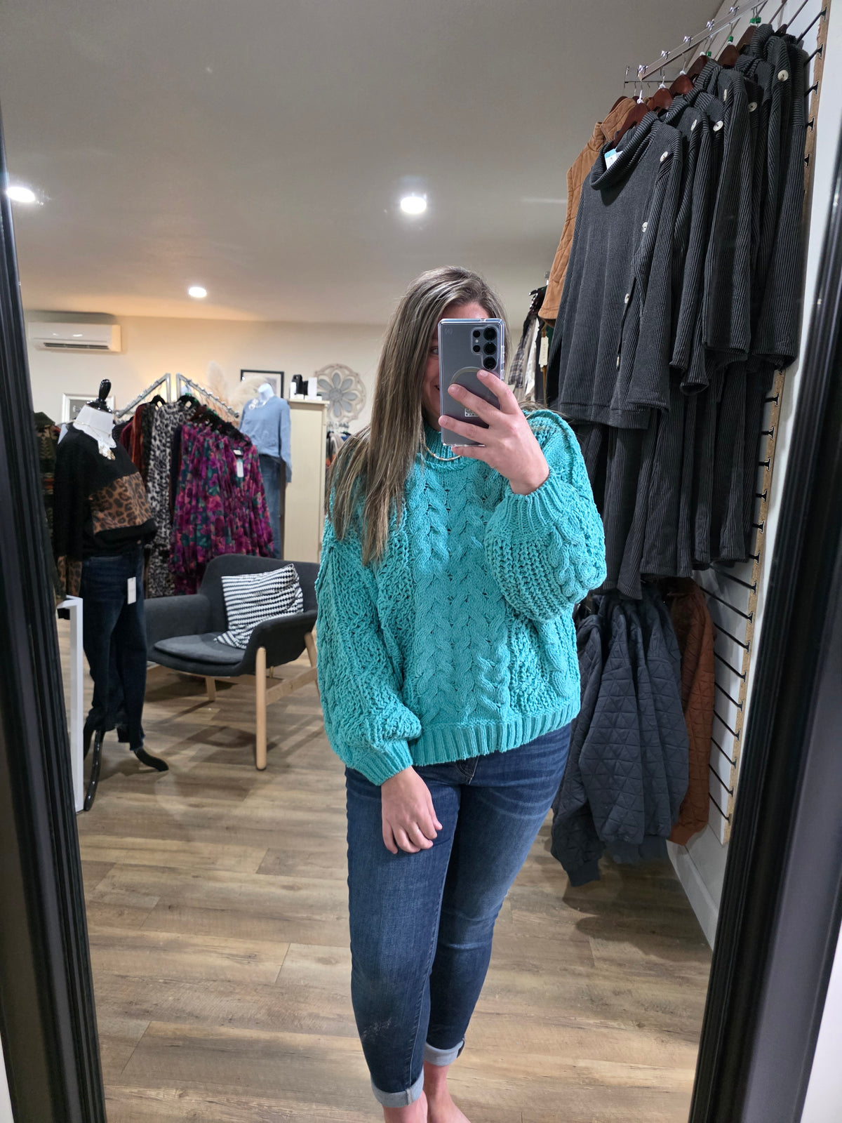 POL AQUA TEAL CABLE KNIT SWEATER