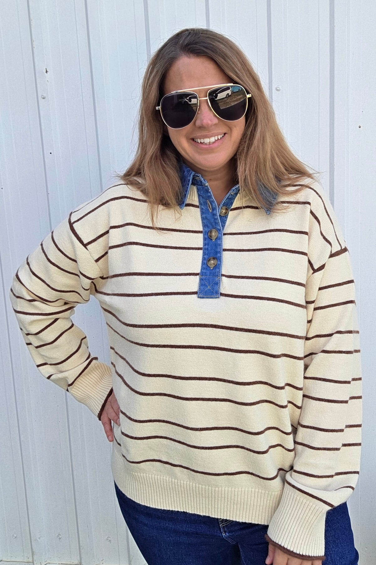 Oatmeal Denim Collar Striped Long Sleeve Sweater