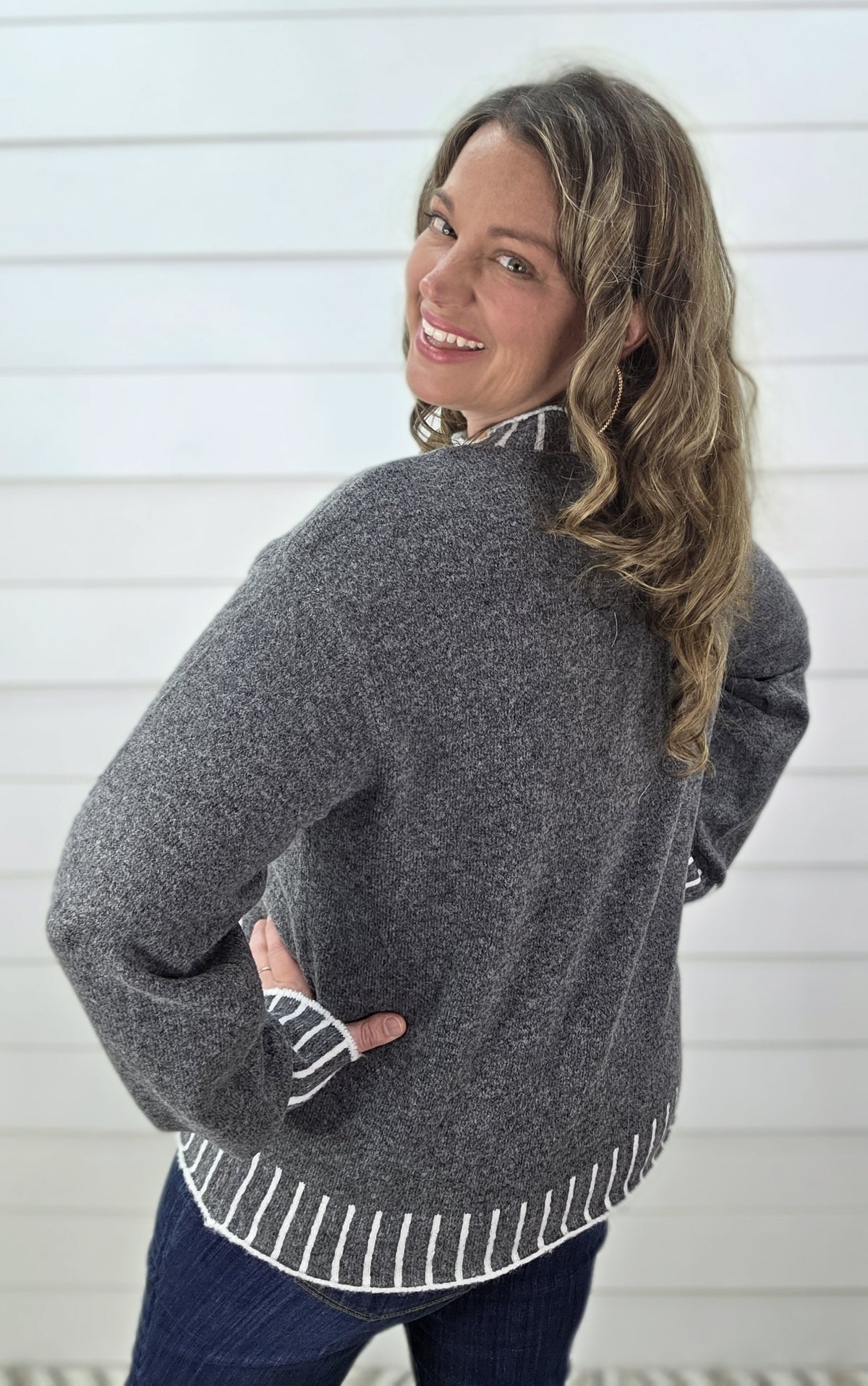 CHARCOAL FAUX STITCH KNIT PULLOVER SWEATER