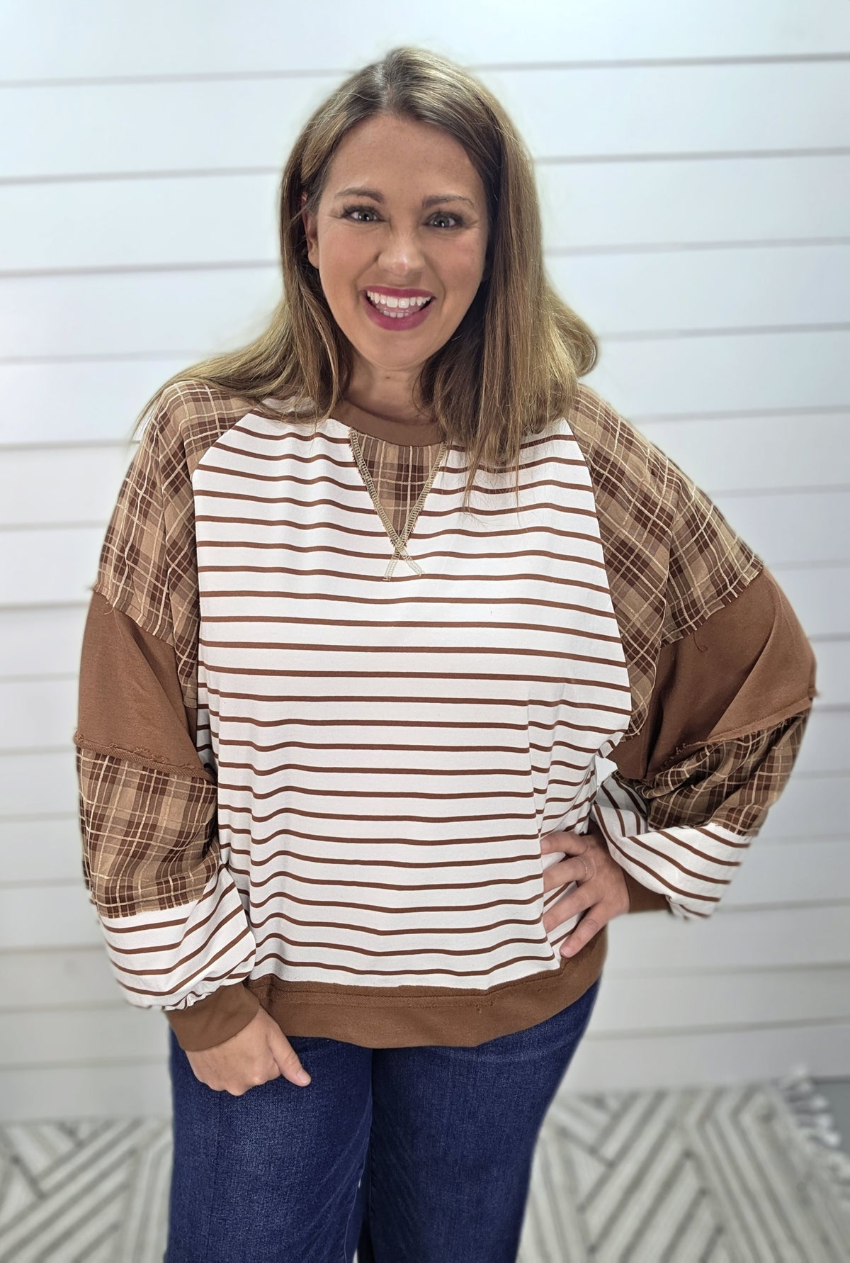 IVORY/CAMEL STRIPED/PLAID KNIT FRENCH TERRY TOP