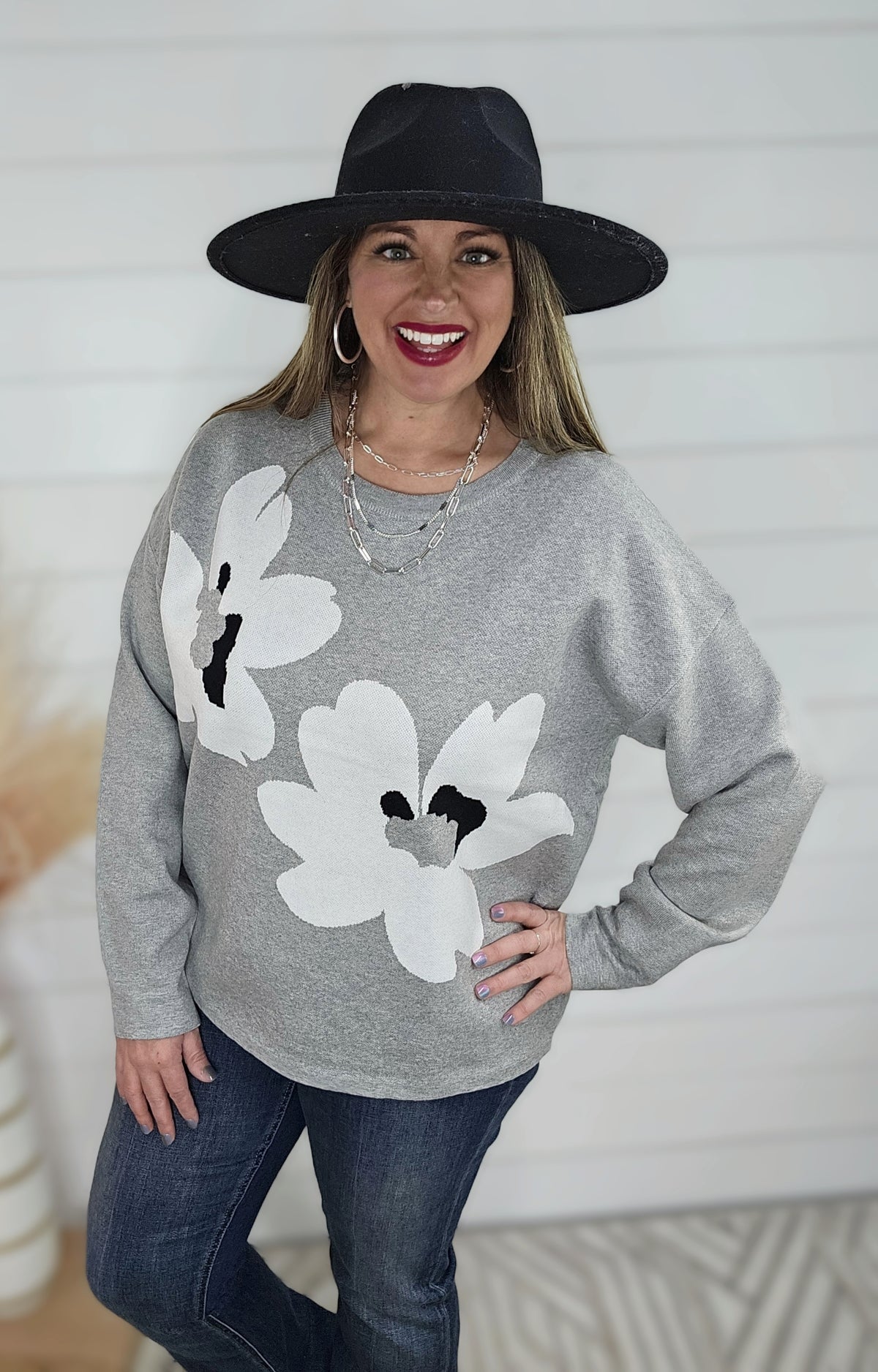 HEATHER GREY LARGE FLORAL CREW NECK SWEATER