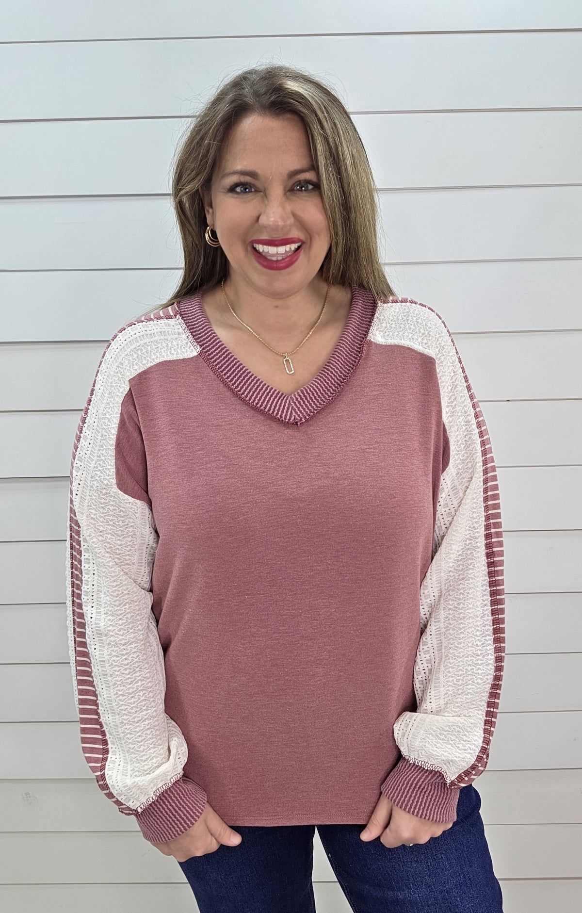MAUVE FRENCH TERRY LACE/STRIPED CONTRAST SLEEVE TOP