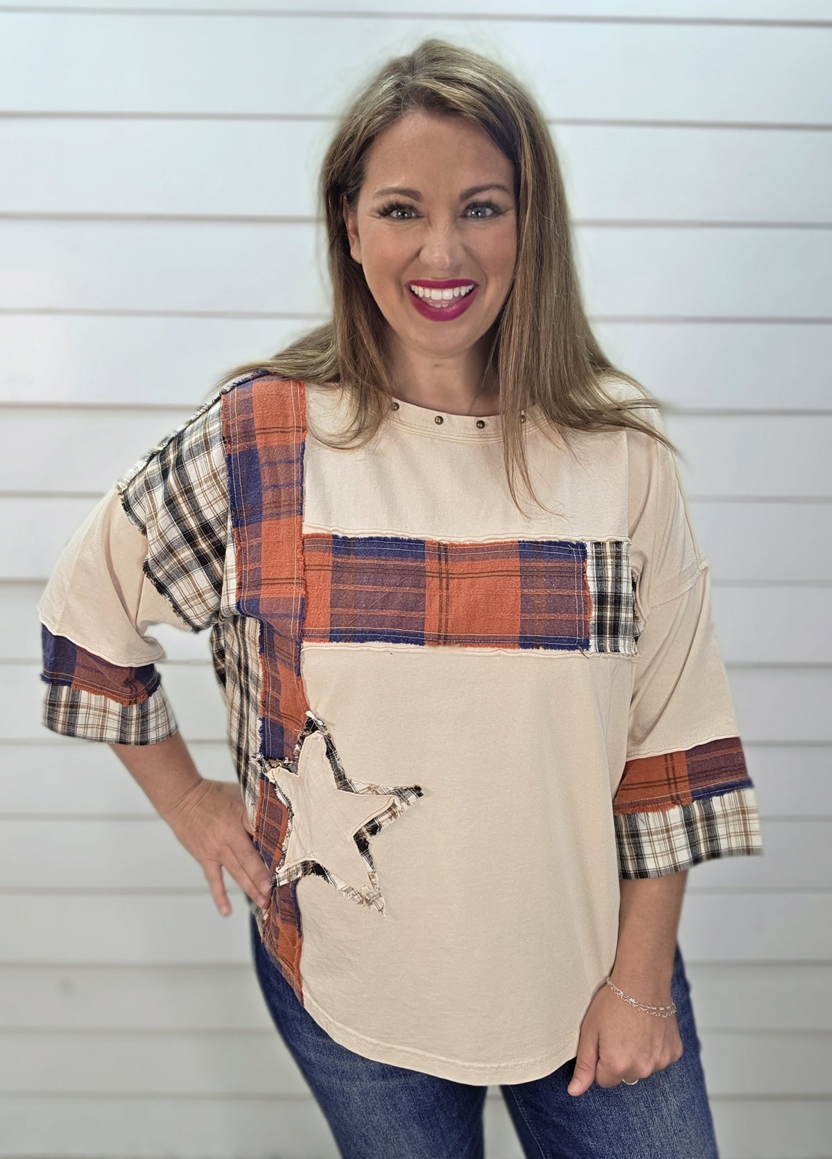 OATMEAL OVERSIZED PLAID/STAR KNIT TOP W/ STUDDED NECKLINE